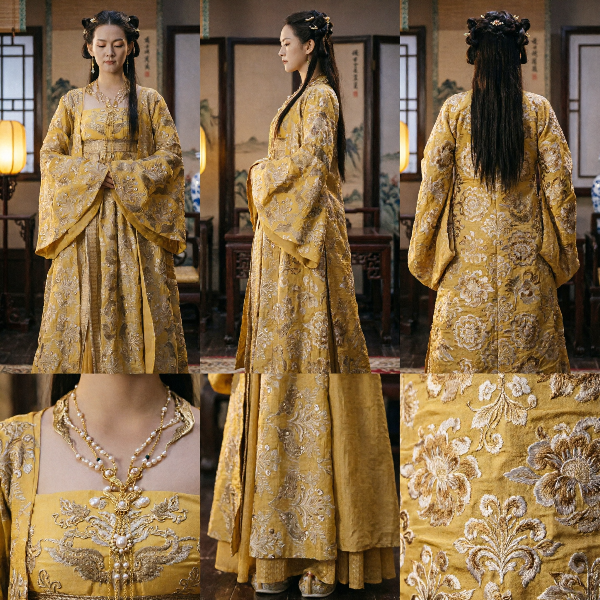 Elegant Yellow Chinese Hanfu Costume Traditional Tang Dynasty Princess Dress with Gold Embroidery for Women