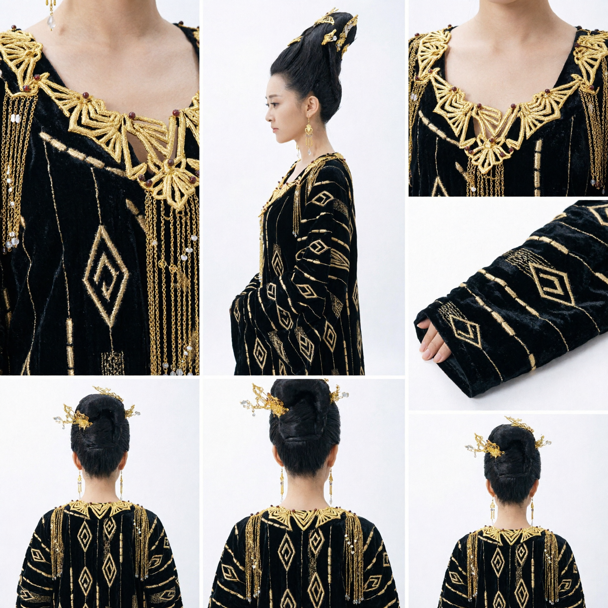 Ancient Chinese Tang Dynasty Empress Black Velvet Hanfu Costume with Gold Embroidery for Women Historical Cosplay