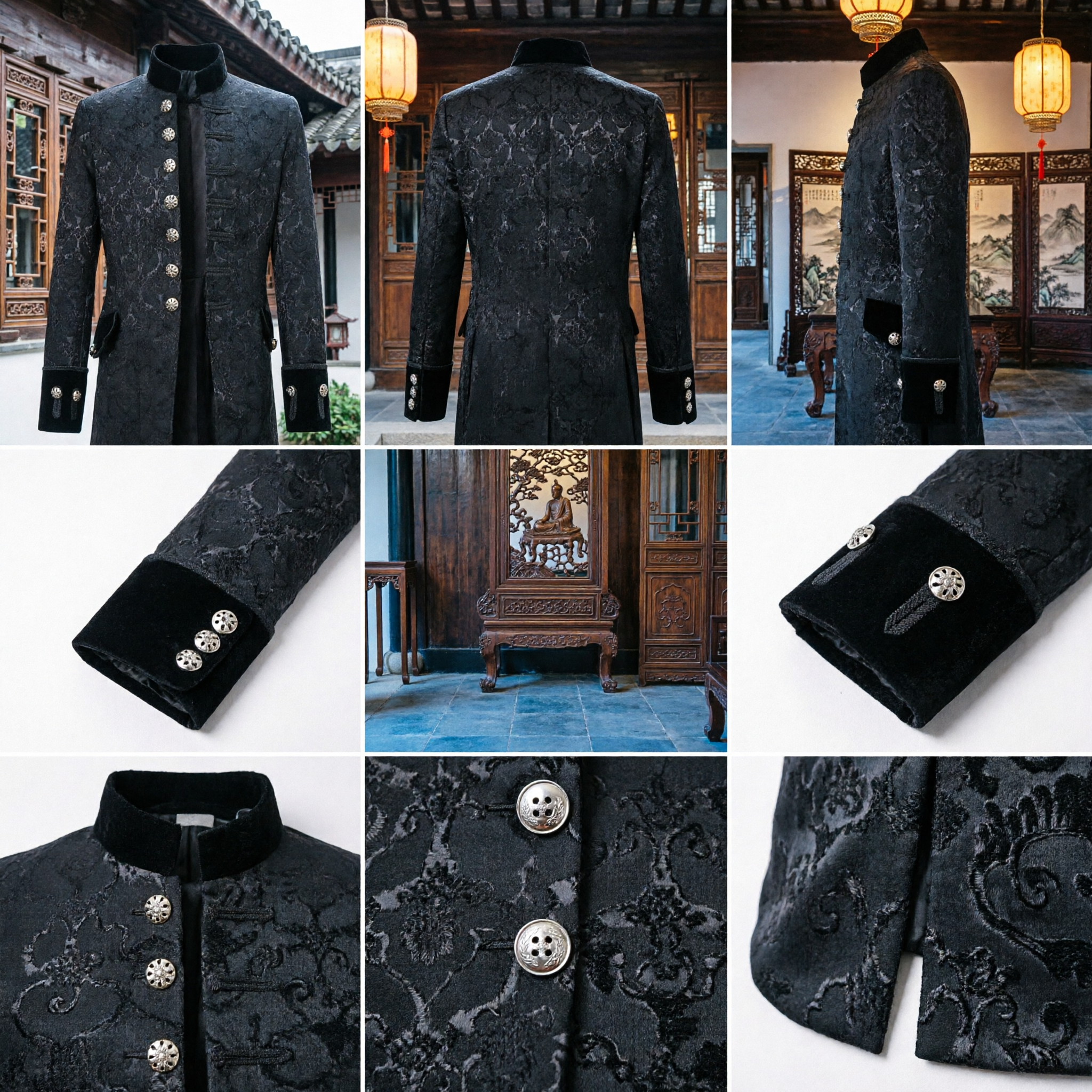 Men's Elegant Black Jacquard Tang Suit Jacket Traditional Chinese Mandarin Collar Coat for Weddings and Formal Events