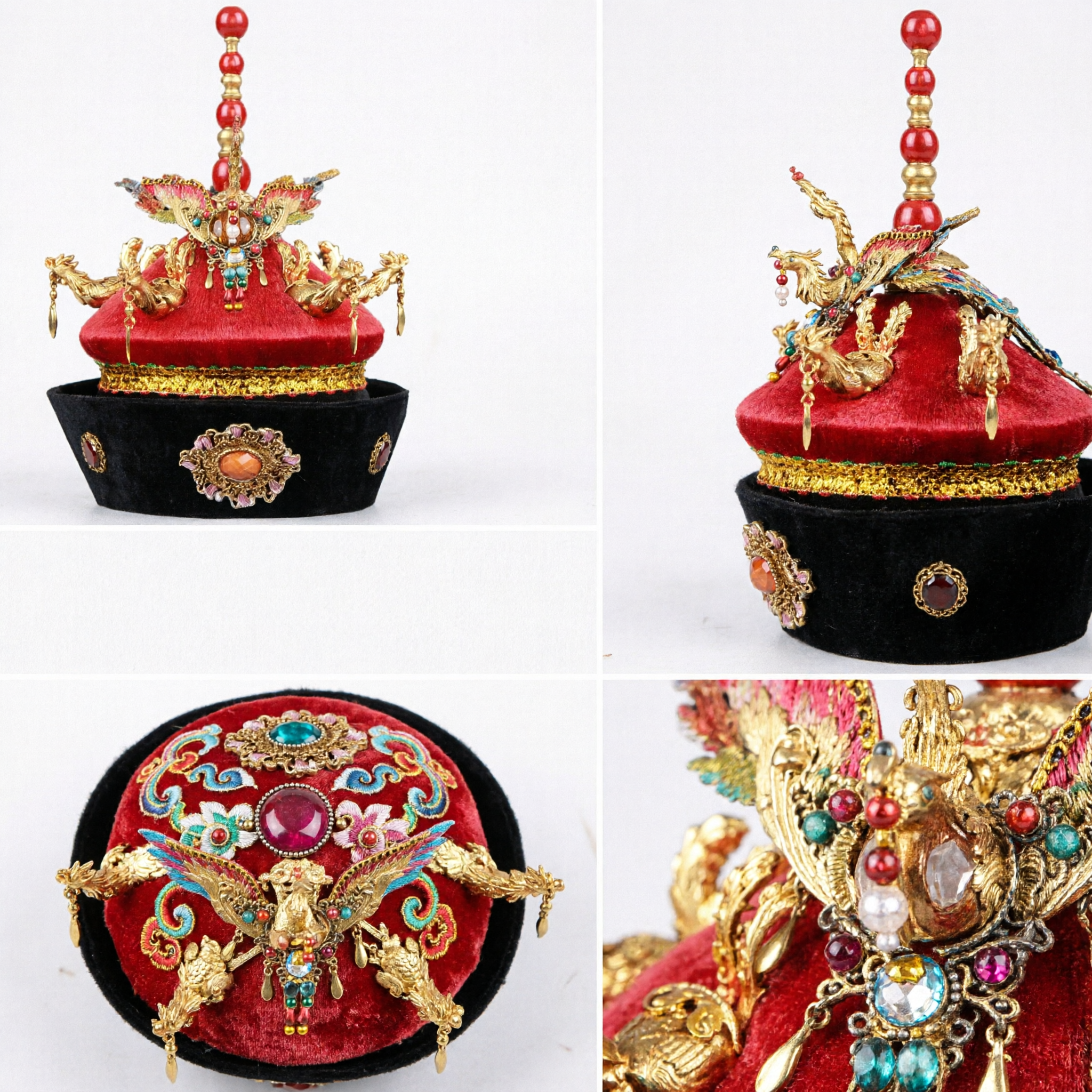 Chinese Traditional Qing Dynasty Emperor Hat Red Velvet Gold Dragon Peking Opera Costume Headwear for Men