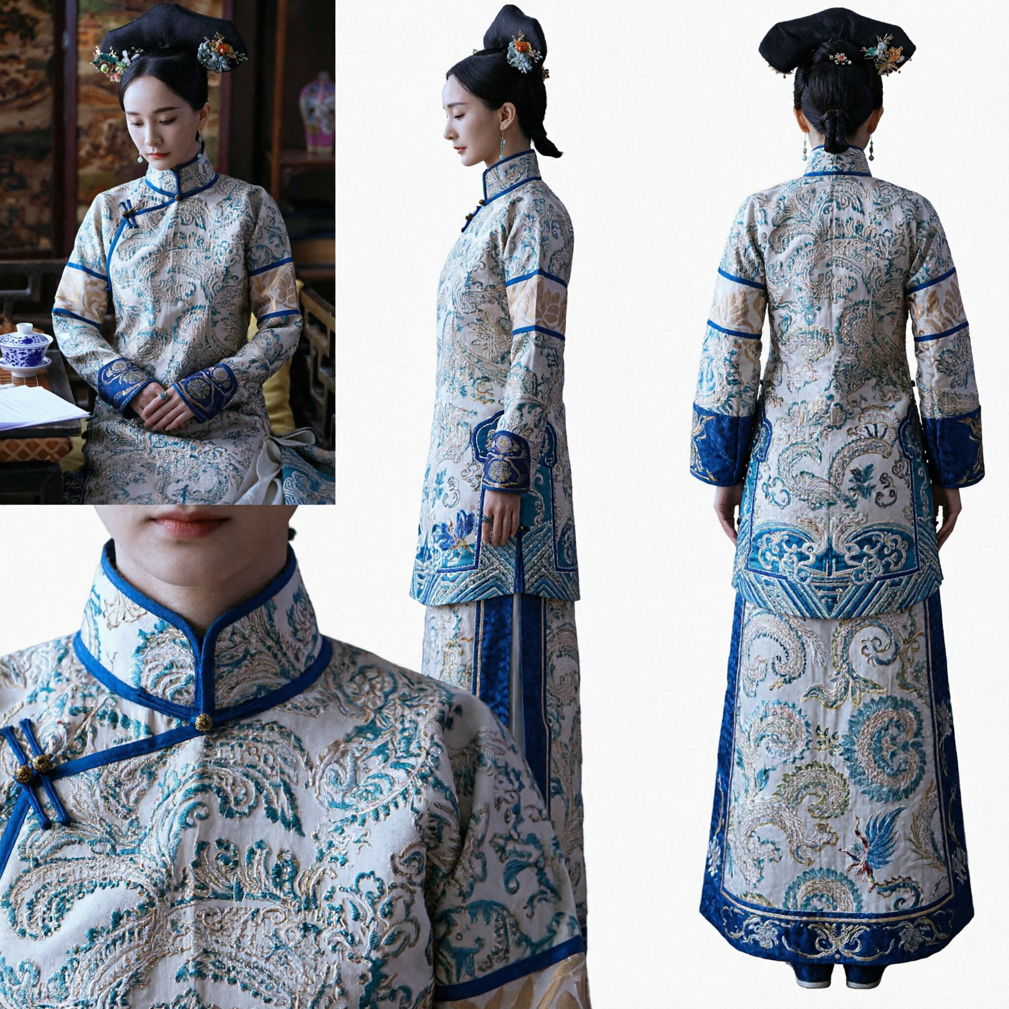 Ancient Chinese Qing Dynasty Palace Lady Costume Blue Embroidered Robe Traditional Clothing for Women