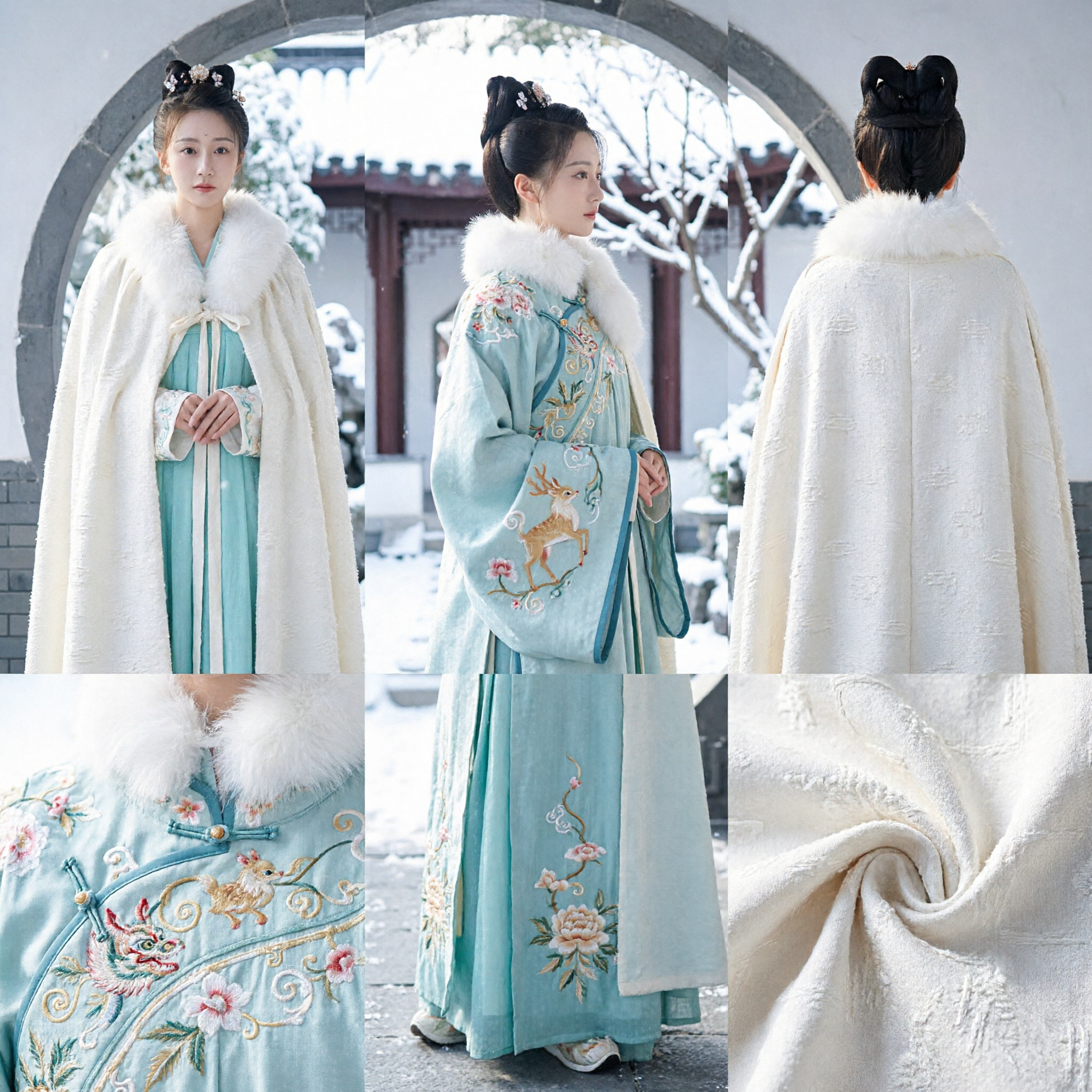 Ancient Chinese Hanfu White Fur Collar Winter Cloak Traditional Palace Lady Cape for Women Cosplay Costume