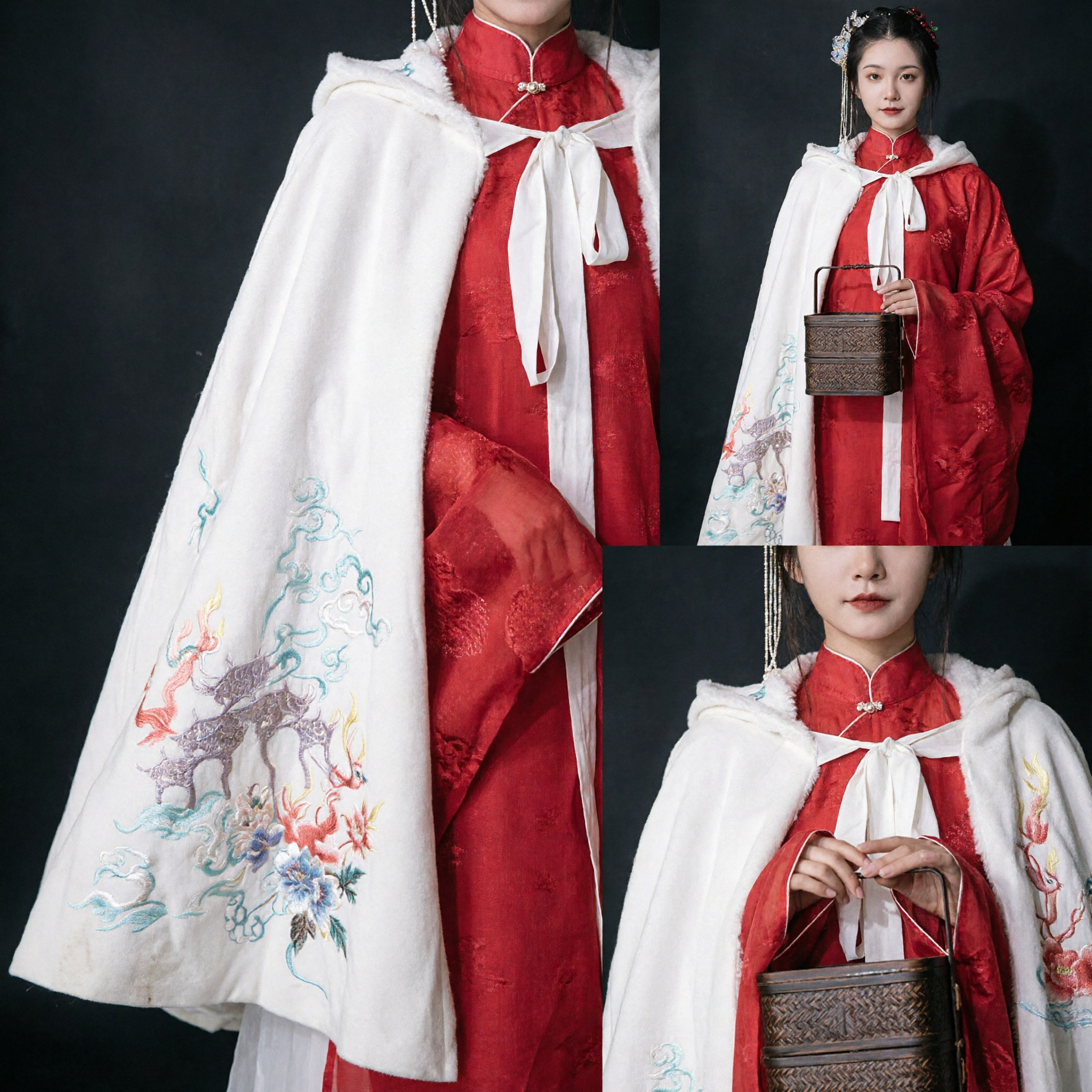 Traditional Chinese Hanfu Costume for Women Red Dress with White Embroidered Cloak Ancient Clothing Set