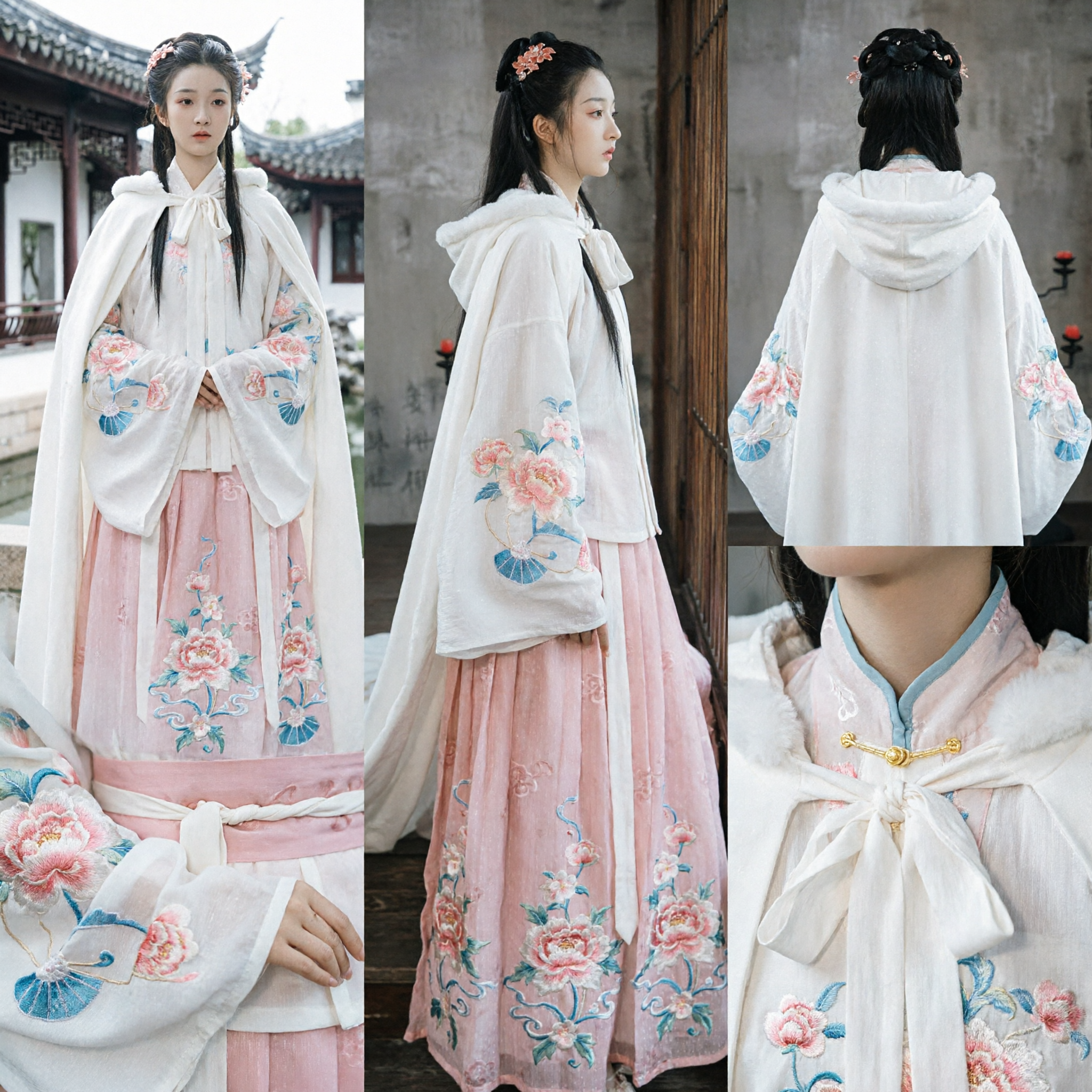 Elegant White Hanfu Winter Cloak with Fur Hood and Embroidered Sleeves Traditional Chinese Ancient Costume for Women