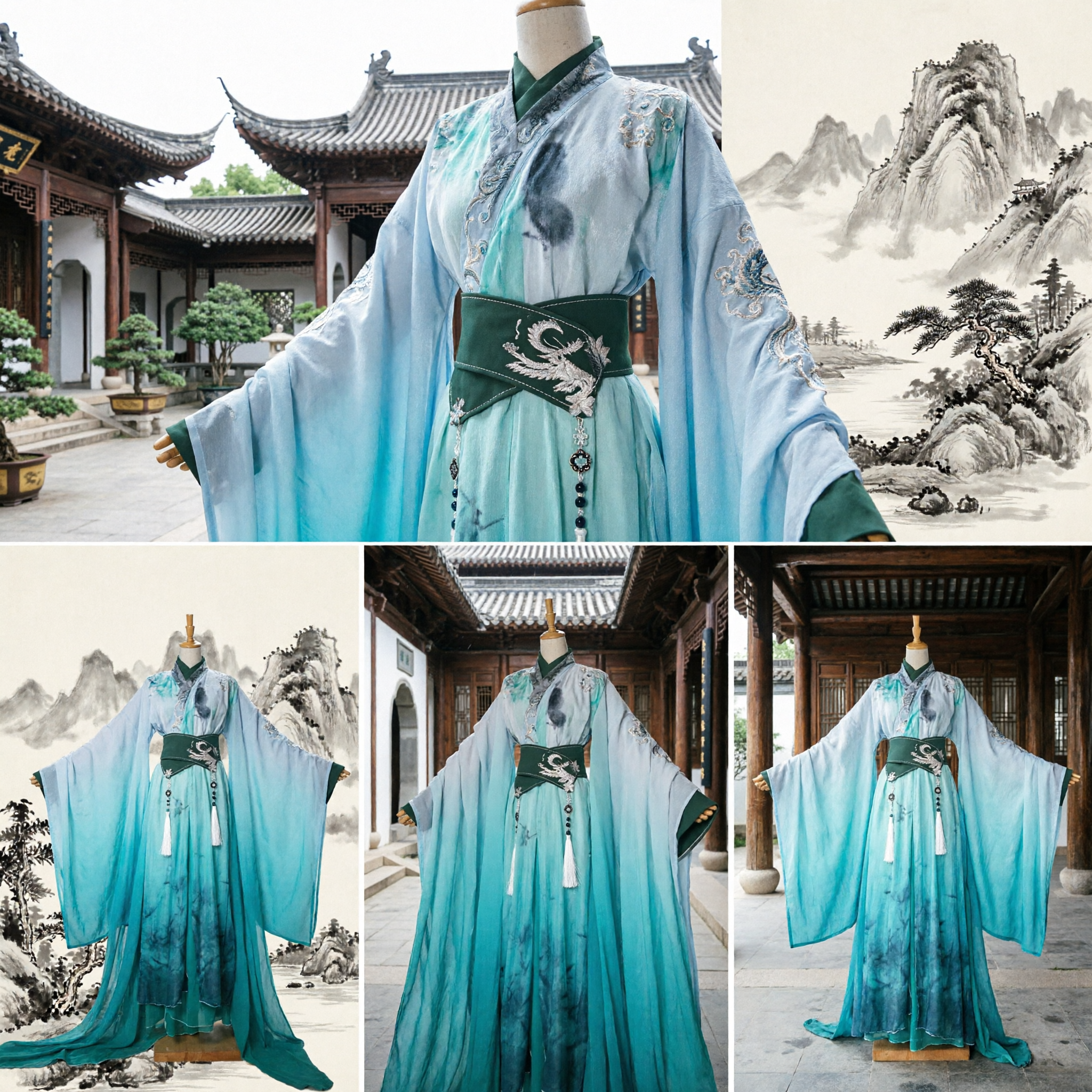 Traditional Chinese Hanfu Ancient Costume Men's Wuxia Swordsman Robe Green Gradient Long Sleeve Cosplay Outfit
