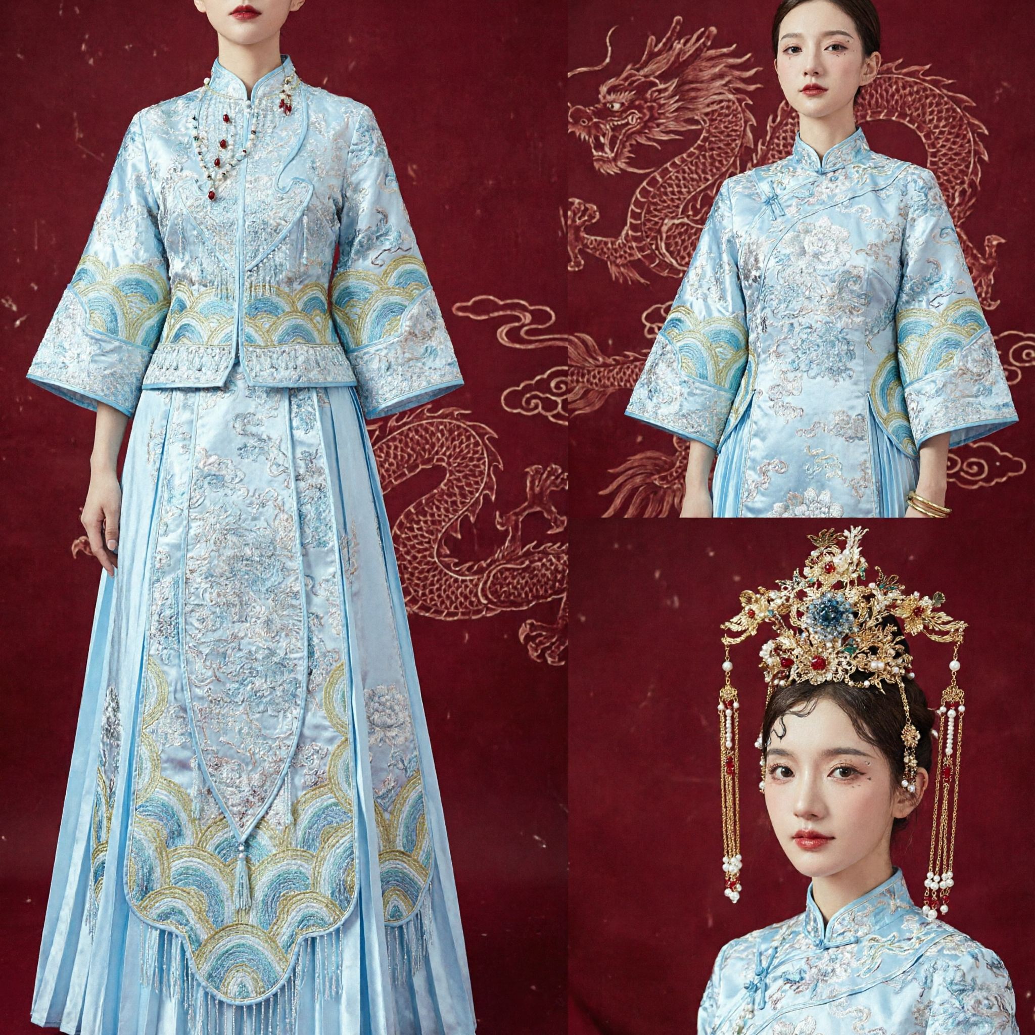 Exquisite Blue Traditional Chinese Wedding Dress Xiuhe Suit Ancient Hanfu Bride Costume with Phoenix Crown