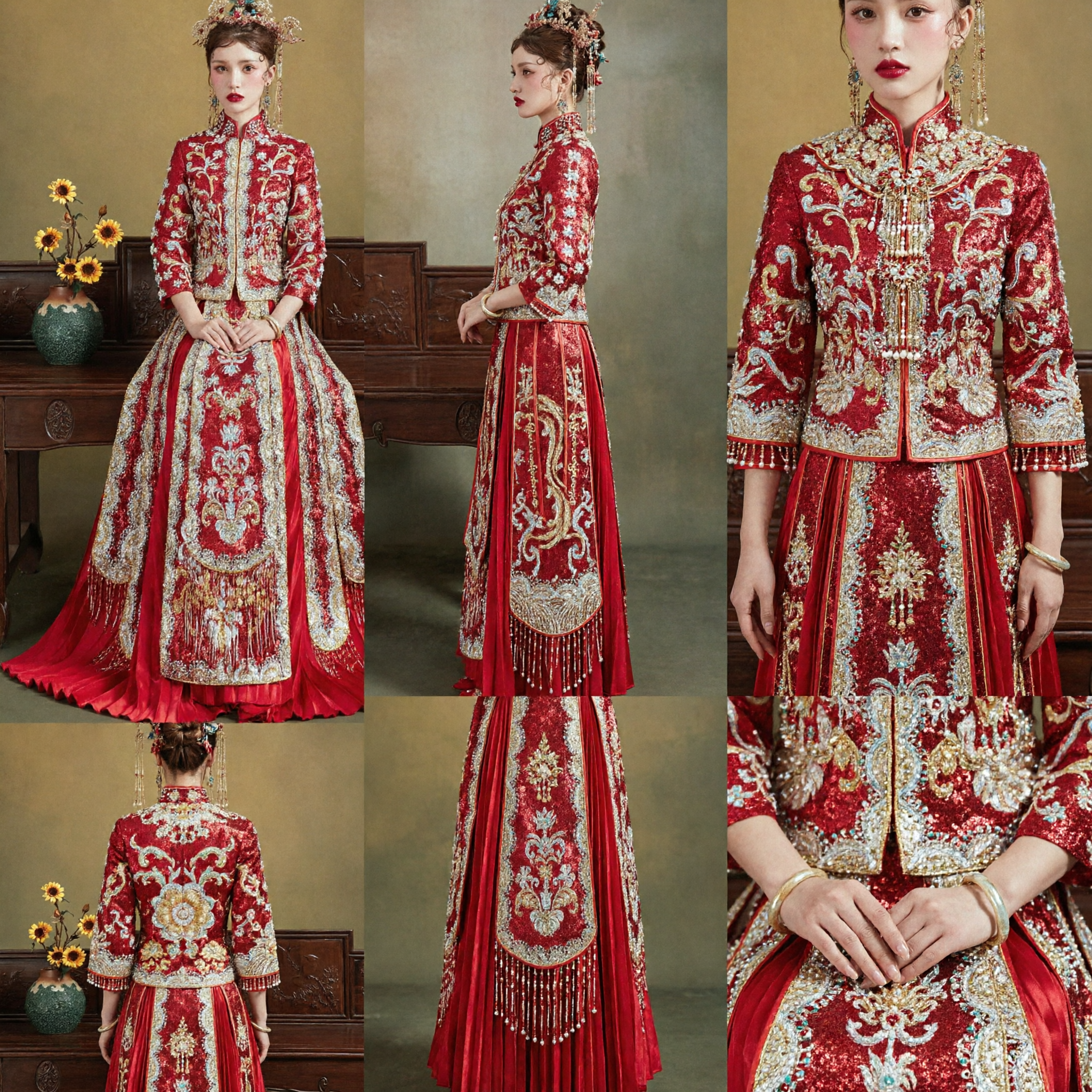 Traditional Chinese Wedding Dress Red Qun Kwa Xiu He Fu Embroidered Dragon Phoenix Gown for Bride