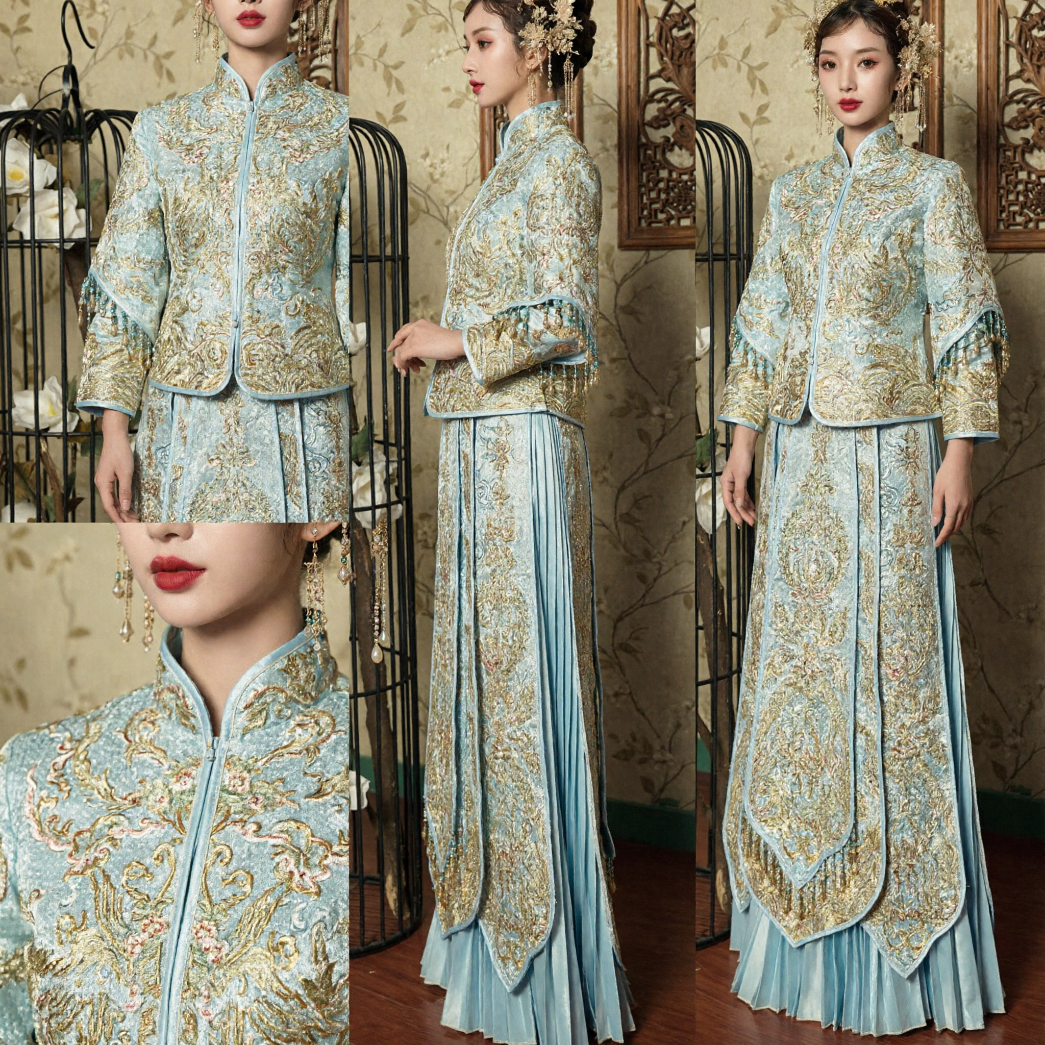 Traditional Chinese Wedding Dress Blue Xiuhe Suit Gold Embroidery Qun Kwa Bridal Costume for Women