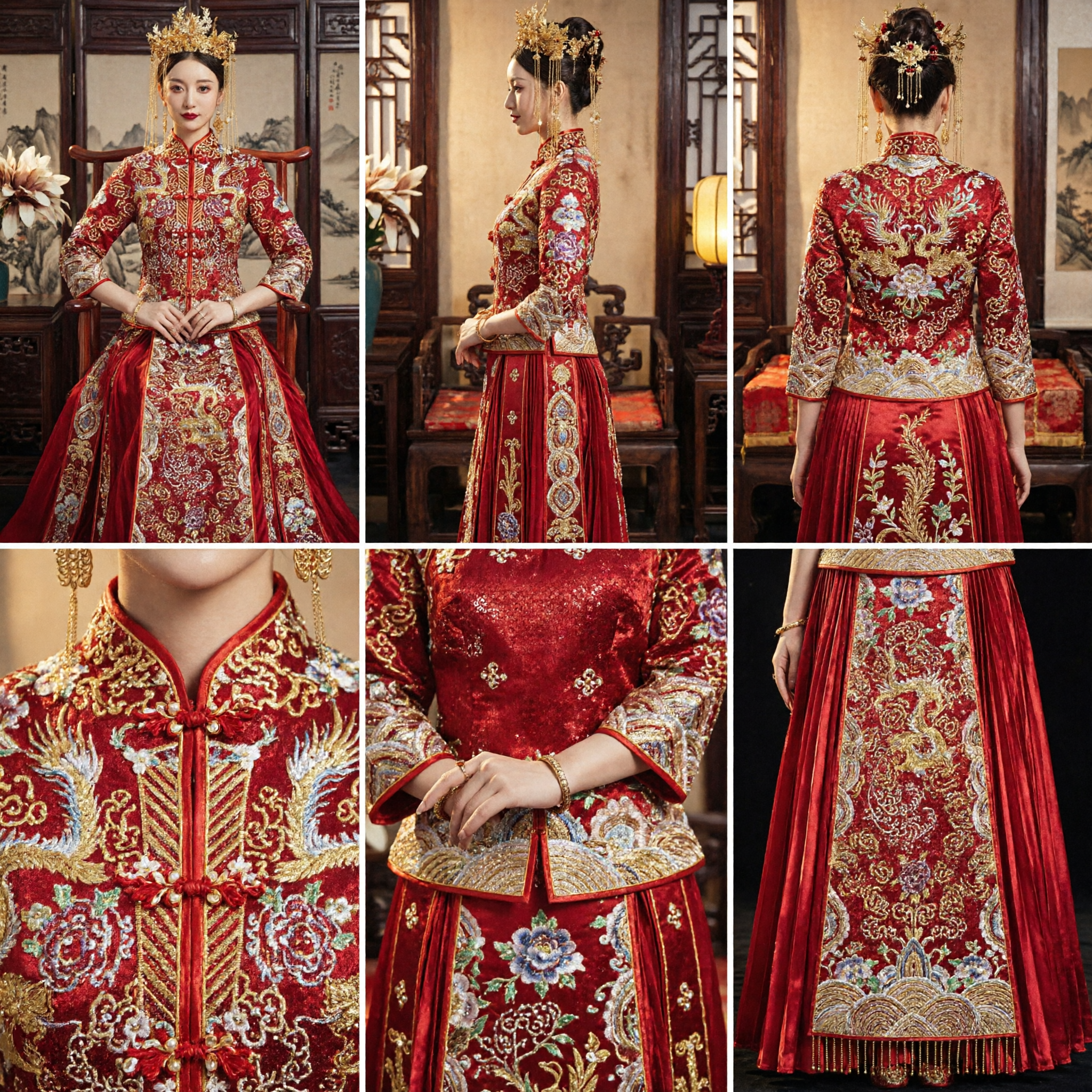 Traditional Chinese Wedding Dress Red Xiuhe Suit Gold Embroidery Bride Costume with Headdress