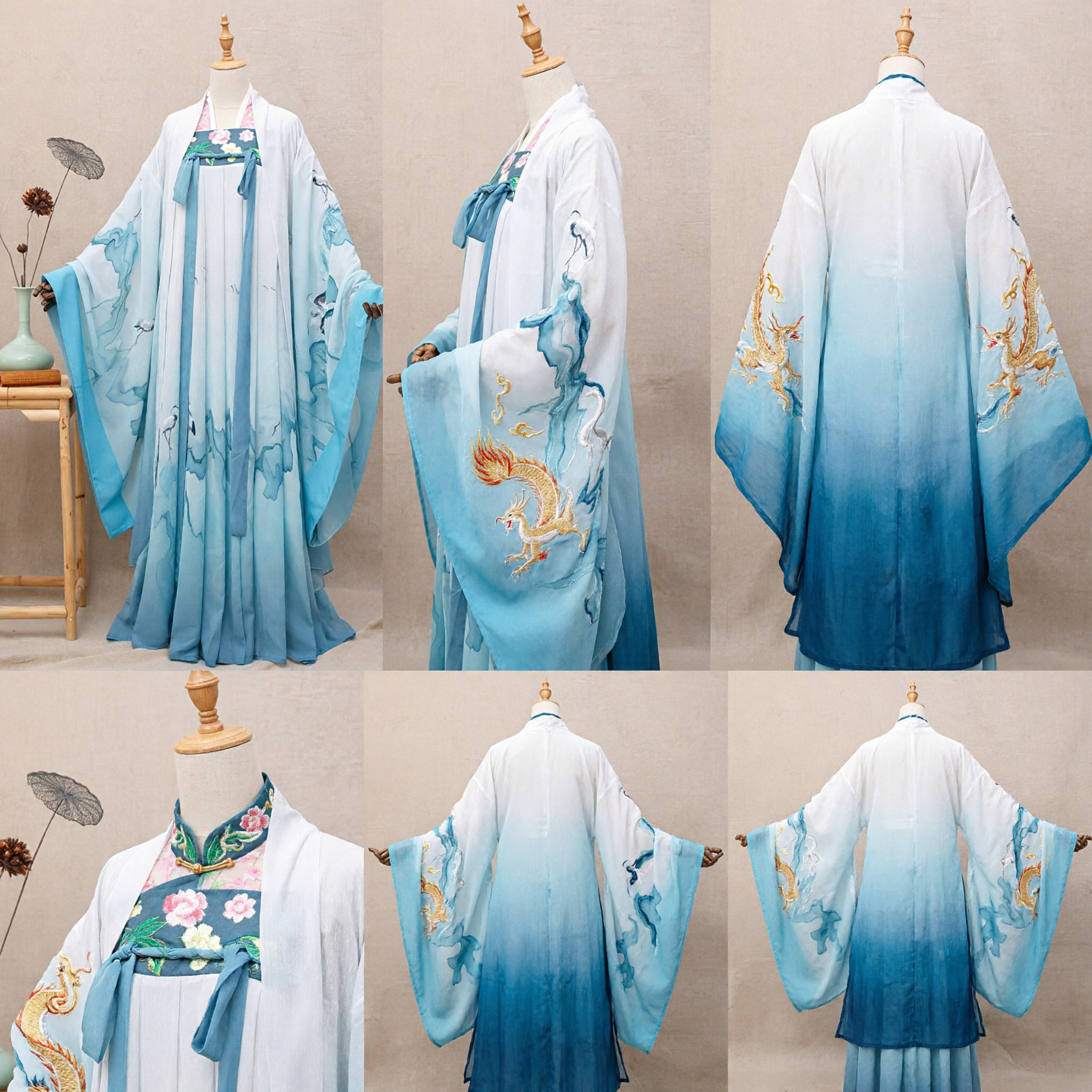 Women's Elegant Blue Gradient Hanfu Dress Traditional Chinese Ancient Costume Ink Wash Crane Print Fairy Outfit
