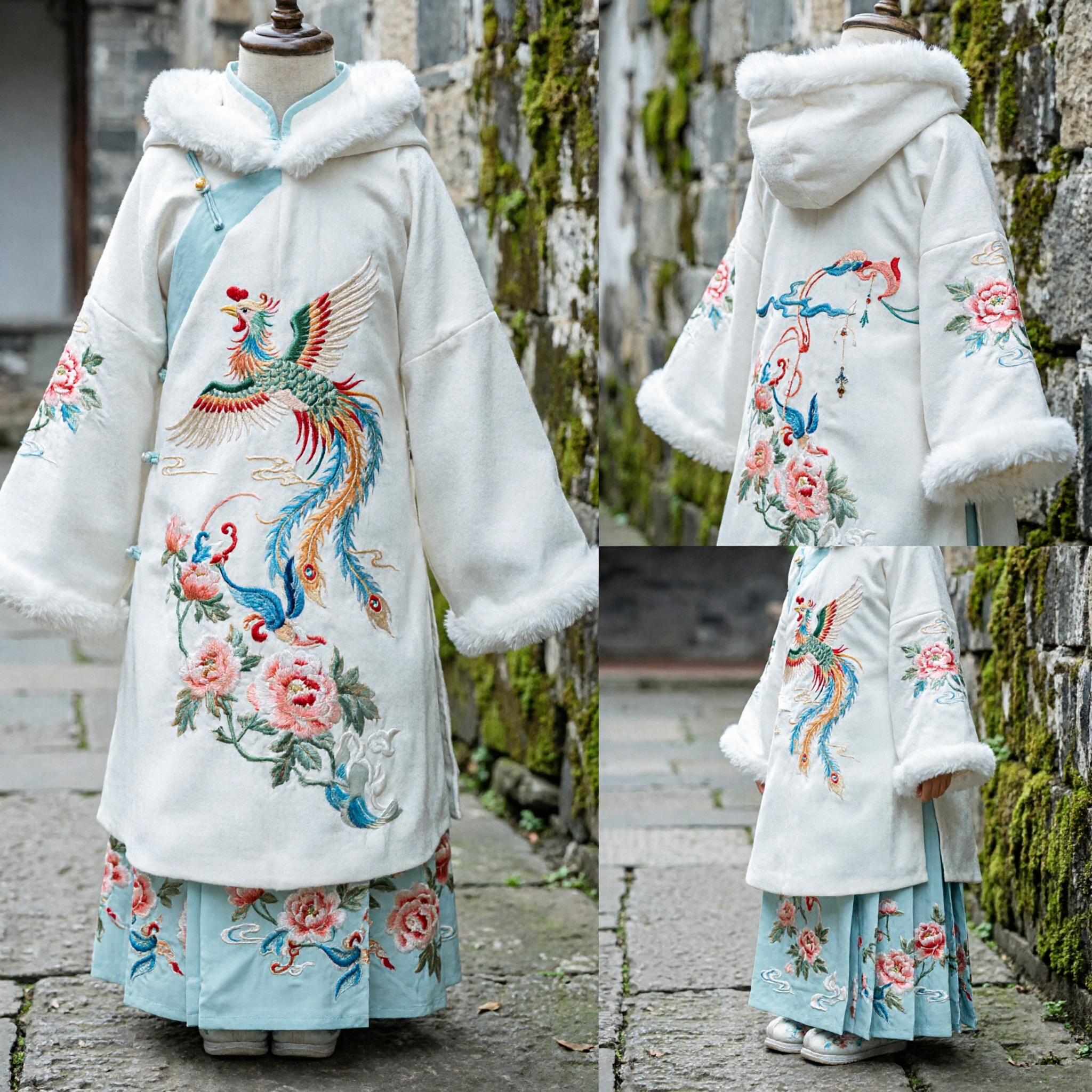 Traditional Chinese Hanfu Winter Cape for Kids Girls White Fur Hood Phoenix Embroidery Cloak