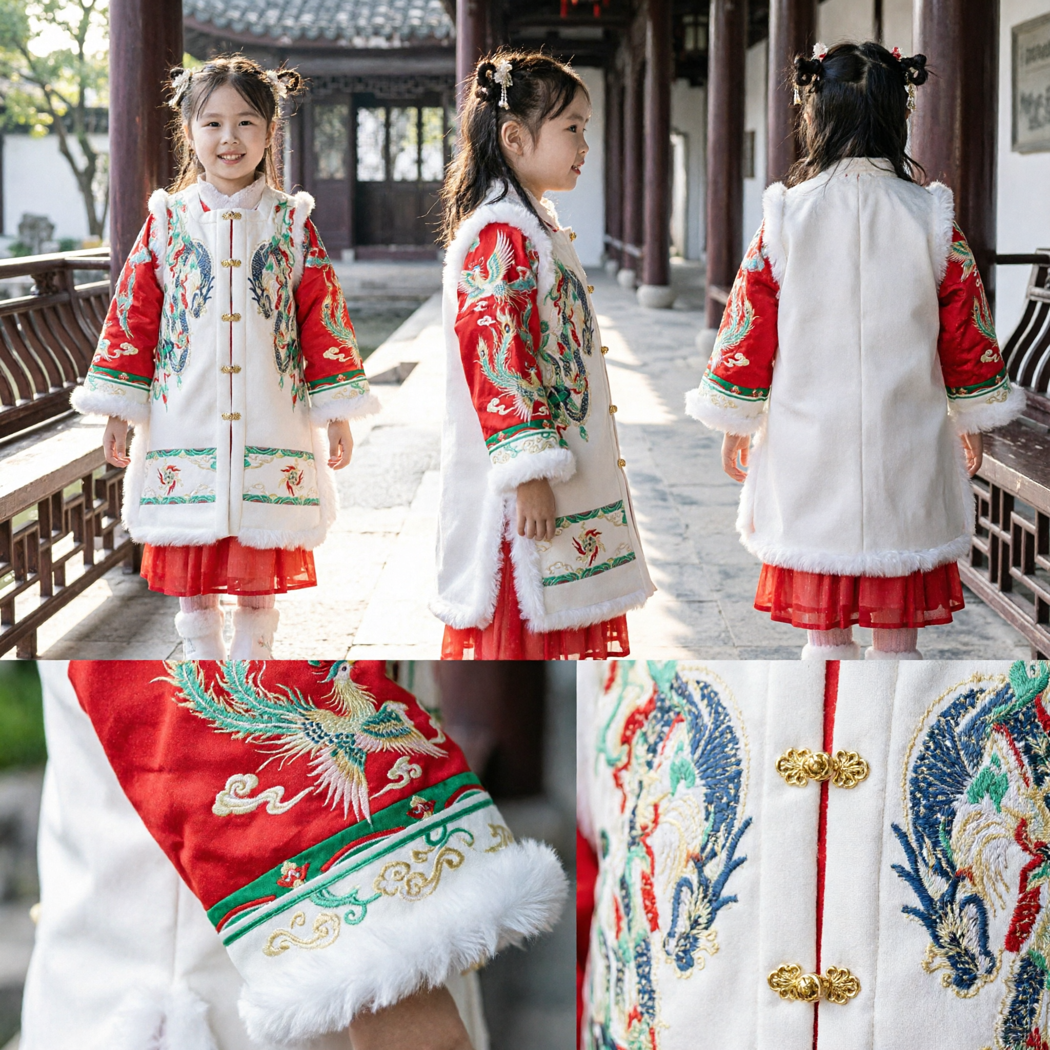 Kids Chinese New Year Hanfu Traditional Dragon Embroidery White Fur Vest Winter Tang Suit Costume for Girls