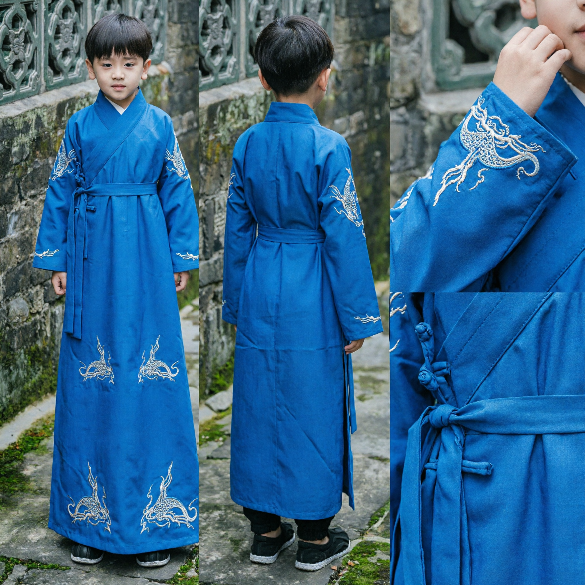 Boys Traditional Chinese Hanfu Blue Robe Ancient Scholar Costume with Dragon Embroidery for Kids Performance
