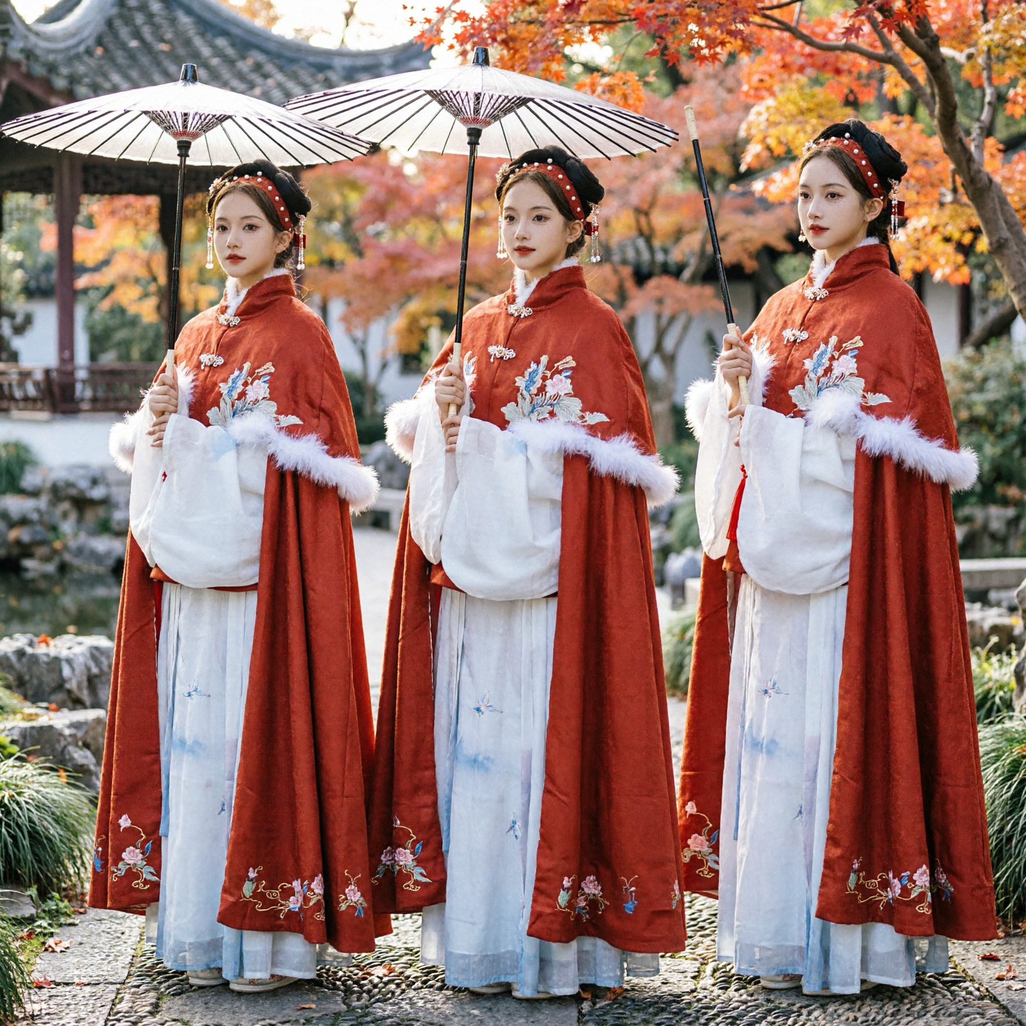 Traditional Chinese Hanfu Red Cloak Cape with White Fur Trim Ancient Embroidery Winter Costume for Women