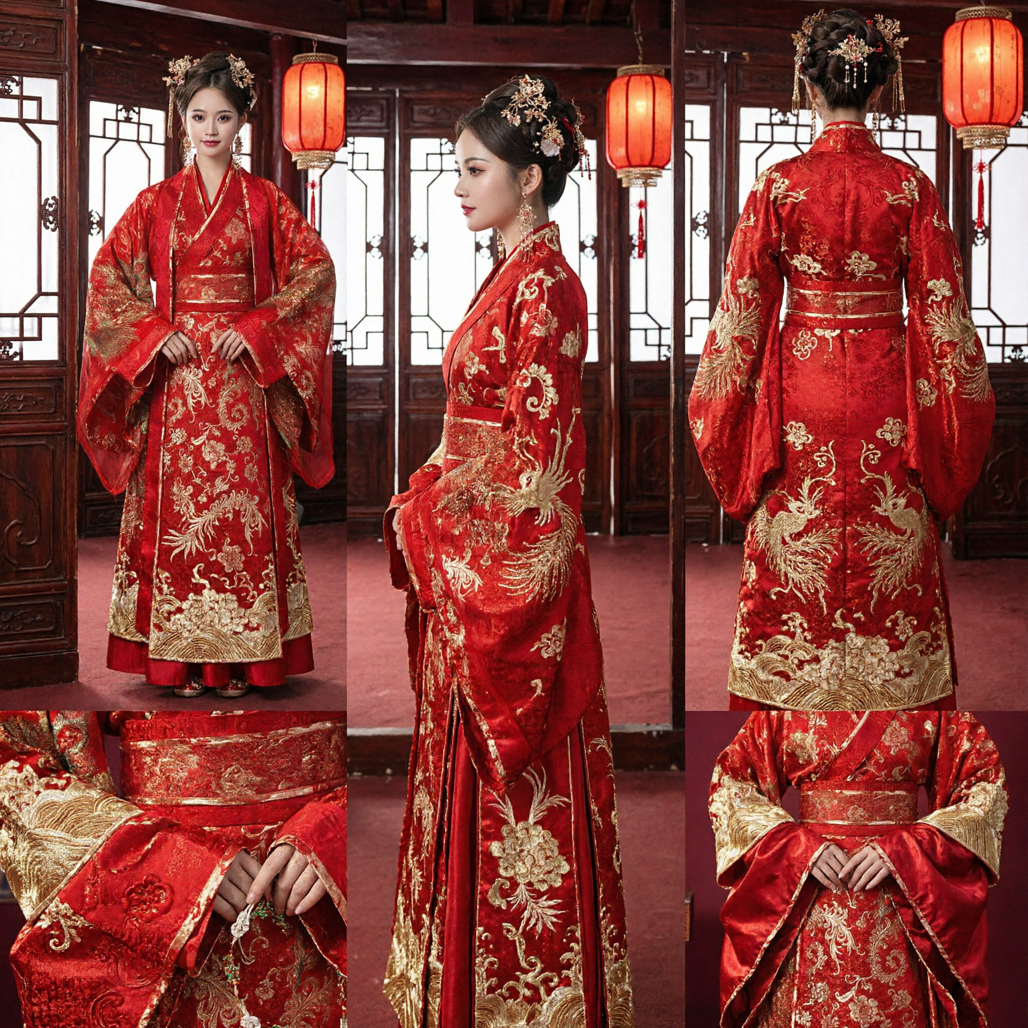 Traditional Chinese Wedding Dress Ancient Red Hanfu Bride Costume with Gold Phoenix Embroidery Complete Set