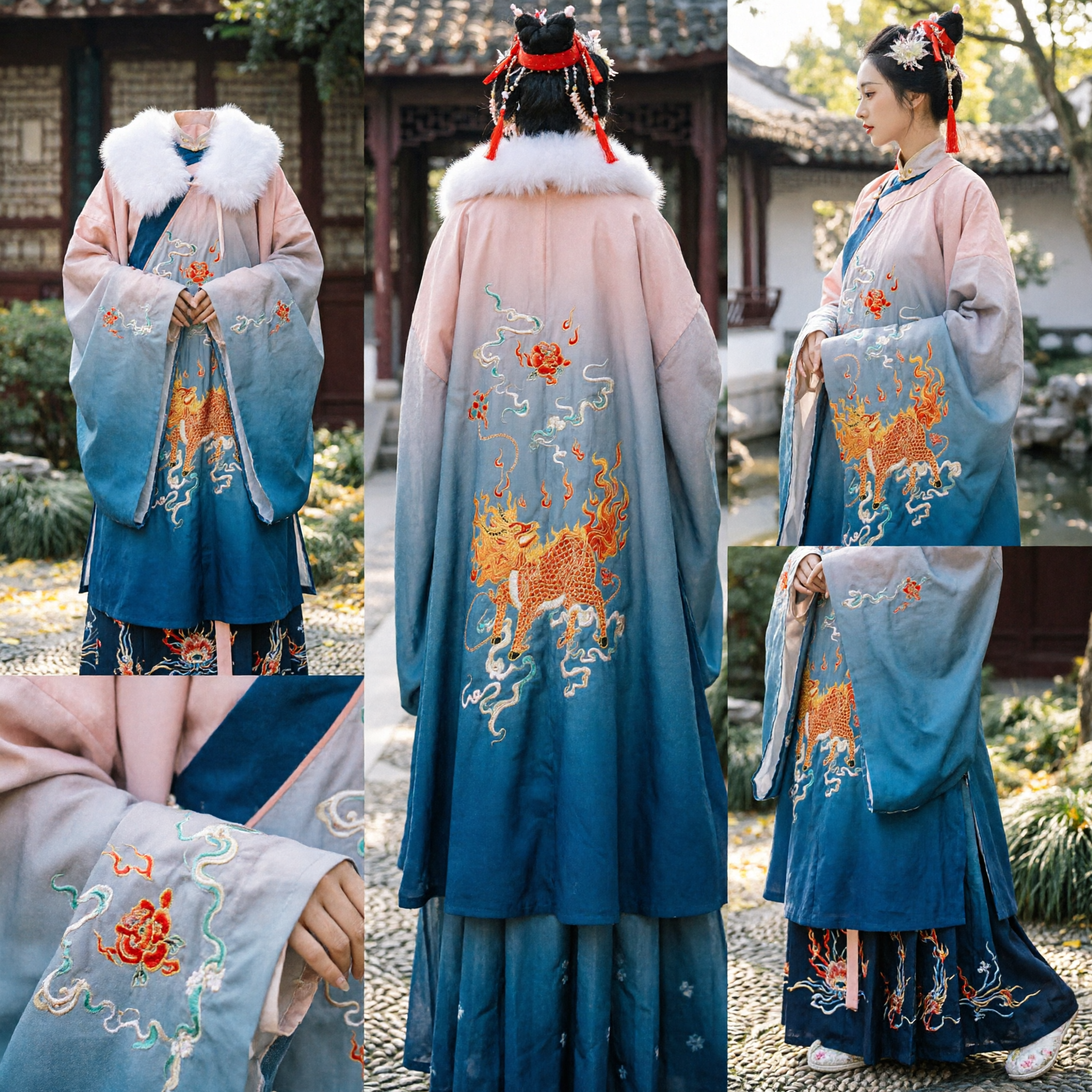 Traditional Chinese Hanfu Winter Cloak for Women, Gradient Blue Cape with Phoenix Embroidery and White Fur Collar