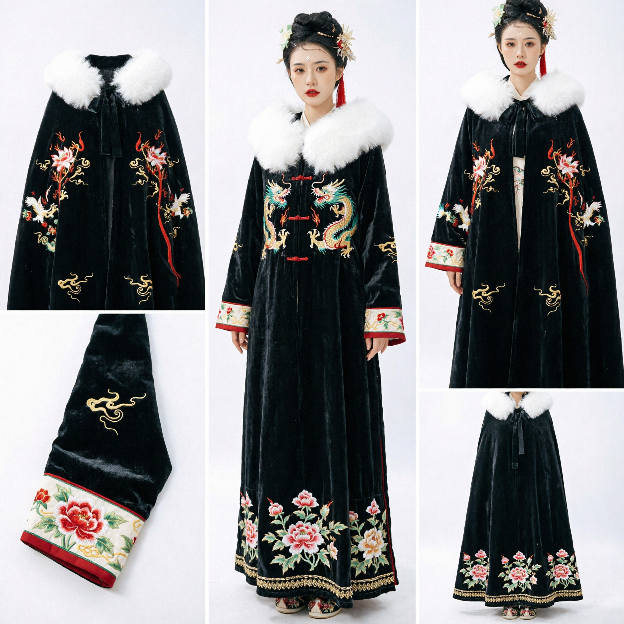 Chinese Traditional Hanfu Black Cloak with White Fur Collar and Floral Embroidery for Women Ancient Costume