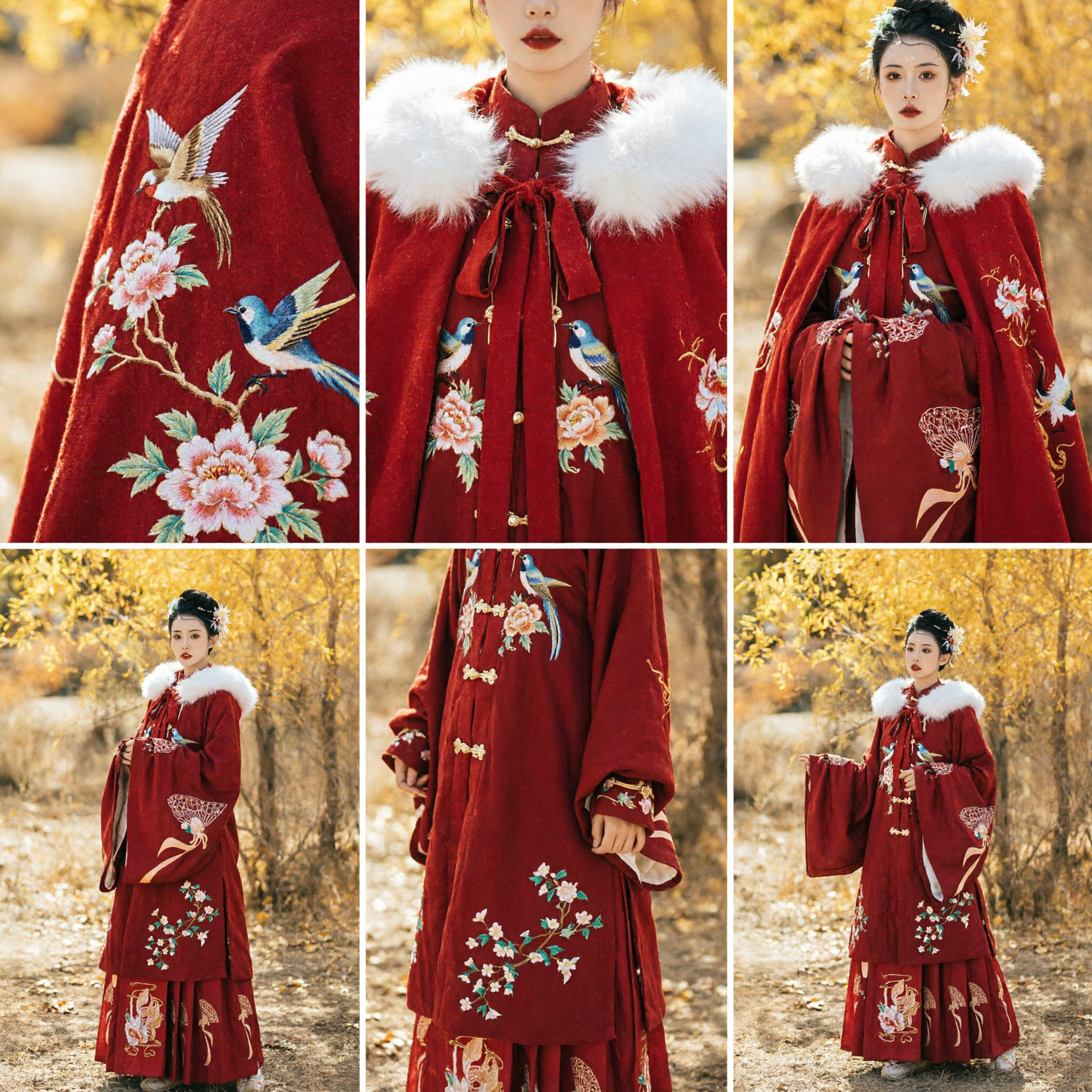 Traditional Chinese Red Hanfu Winter Cloak with White Fur Collar Embroidered Ancient Costume Dress for Women
