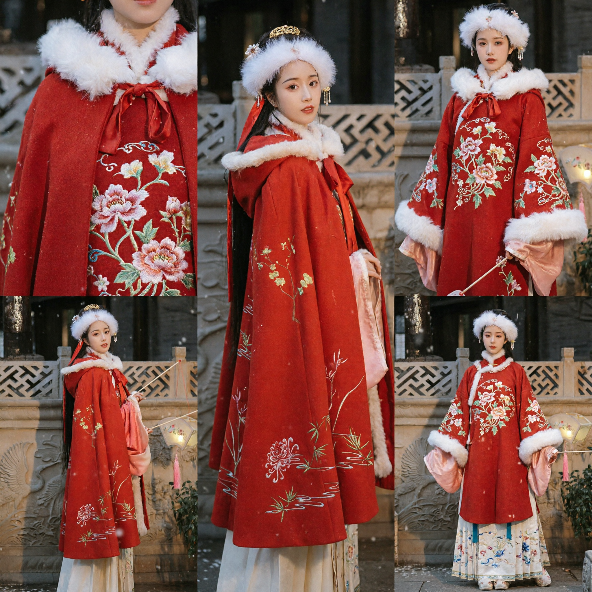 Women's Traditional Red Hanfu Winter Cloak with White Fur Trim and Floral Embroidery Ancient Costume