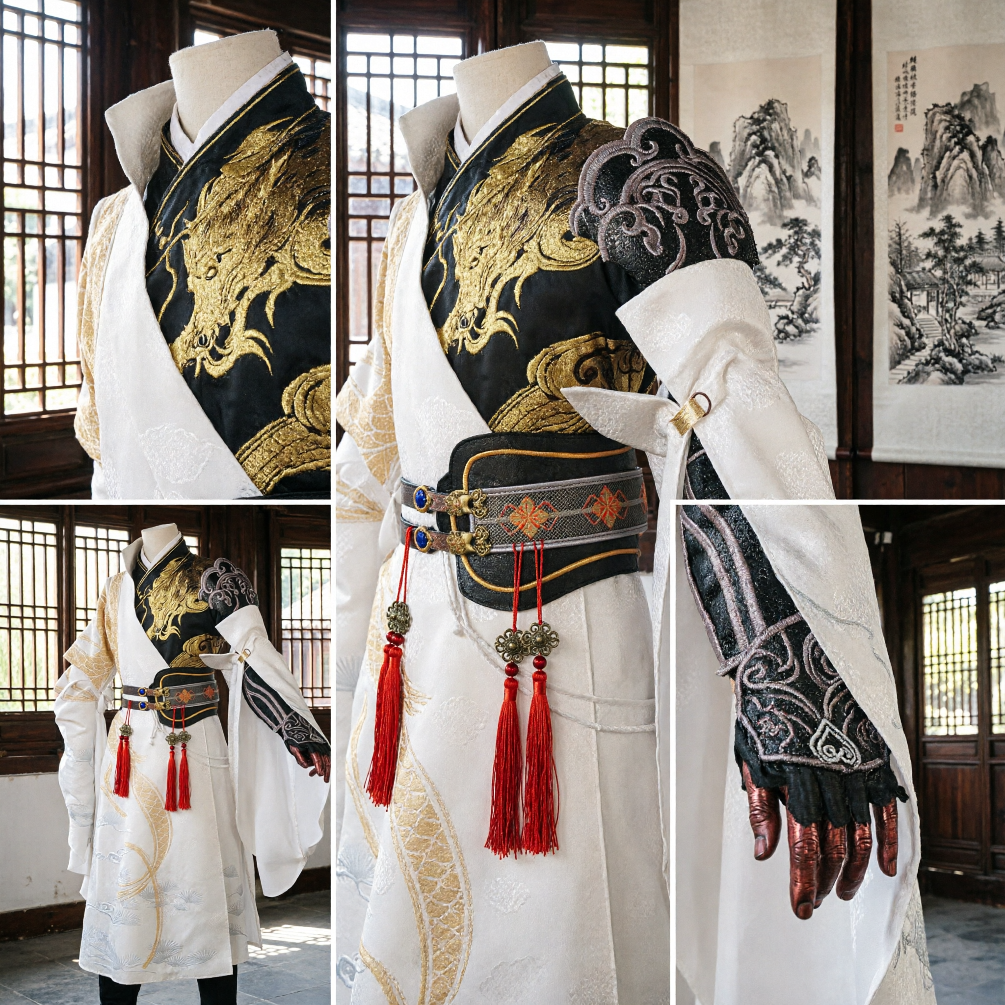 Men's Ancient Chinese Wuxia Swordsman Costume White Hanfu with Gold Dragon Embroidery Cosplay Outfit for Performance