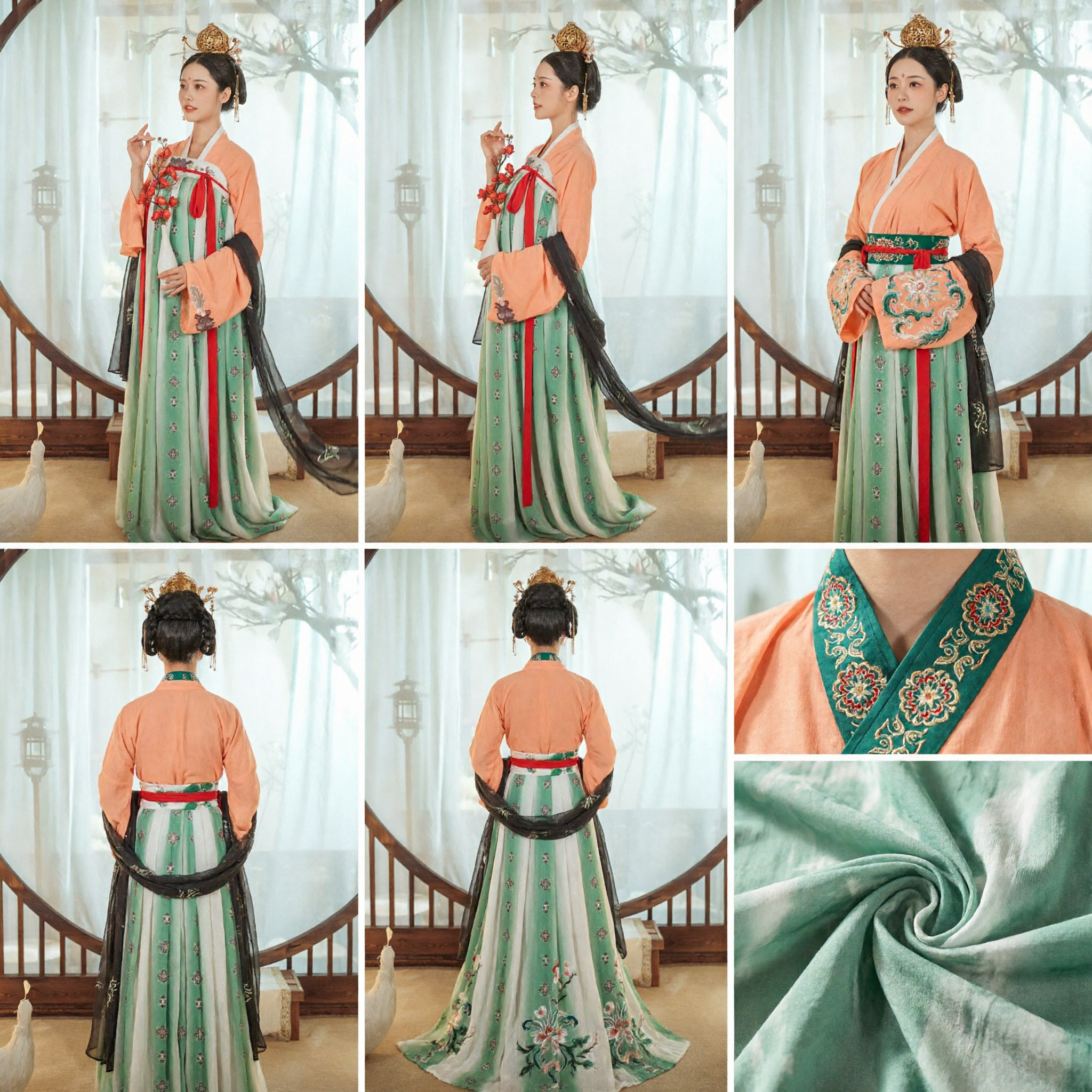 Traditional Chinese Hanfu Tang Dynasty Princess Costume Green Floral Skirt and Orange Top Ancient Dress for Women