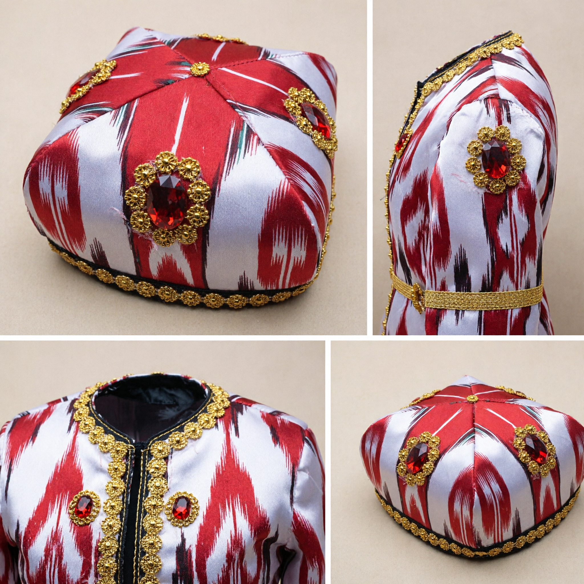 Traditional Red Ikat Silk Doppa Hat with Gold Beaded Embroidery for Uzbek Folk Dance Costume