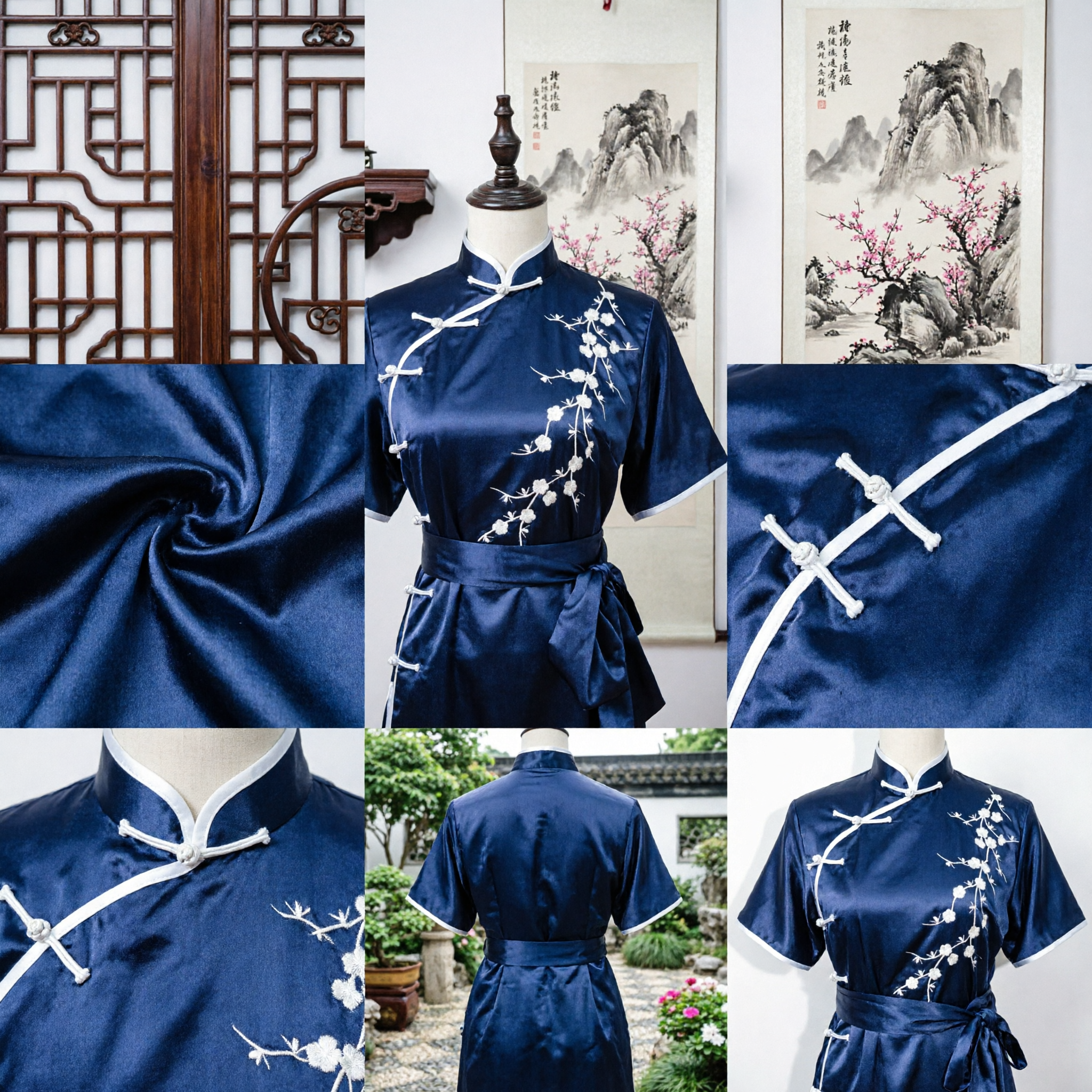 Women's Navy Blue Satin Kung Fu Uniform Traditional Chinese Tai Chi Suit with Plum Blossom Embroidery Martial Arts