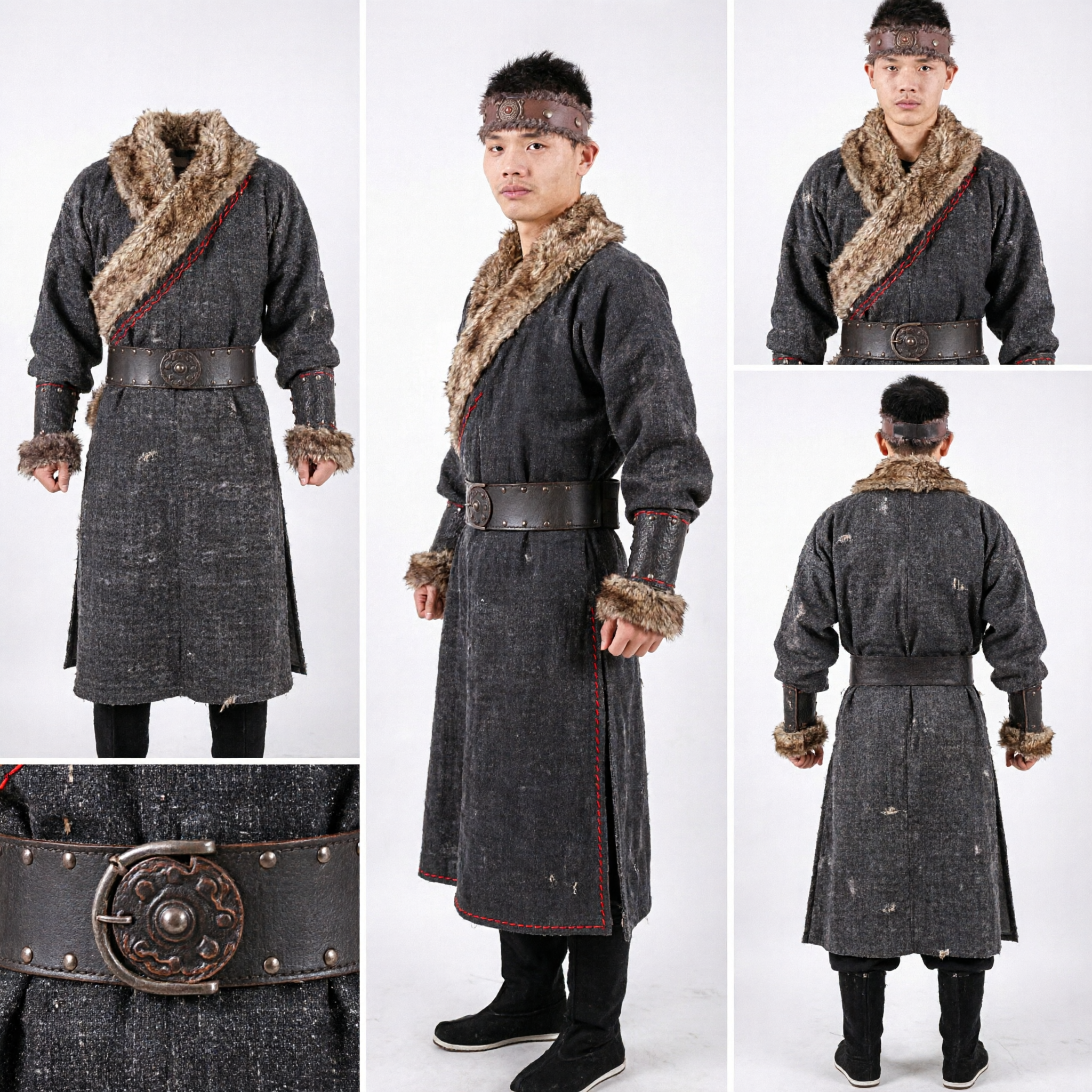 Ancient Chinese Warrior Winter Costume Men Kung Fu Robe with Fur Collar Historical Cosplay Outfit