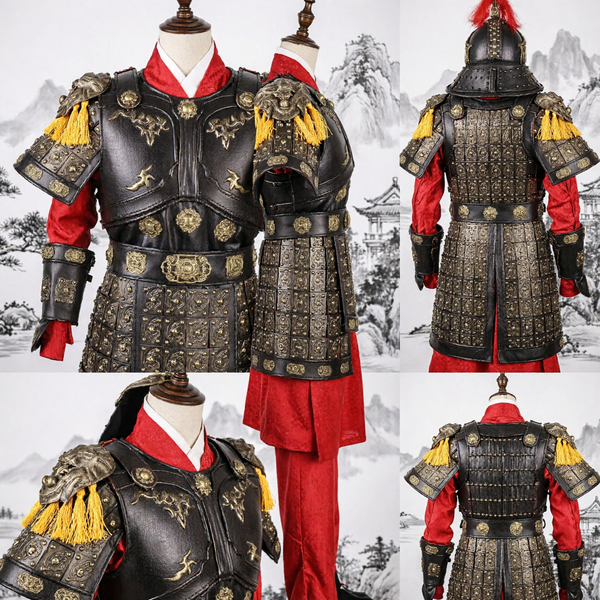 Traditional Chinese General Armor Black Leather Warrior Cosplay Costume Set for Men Stage Performance