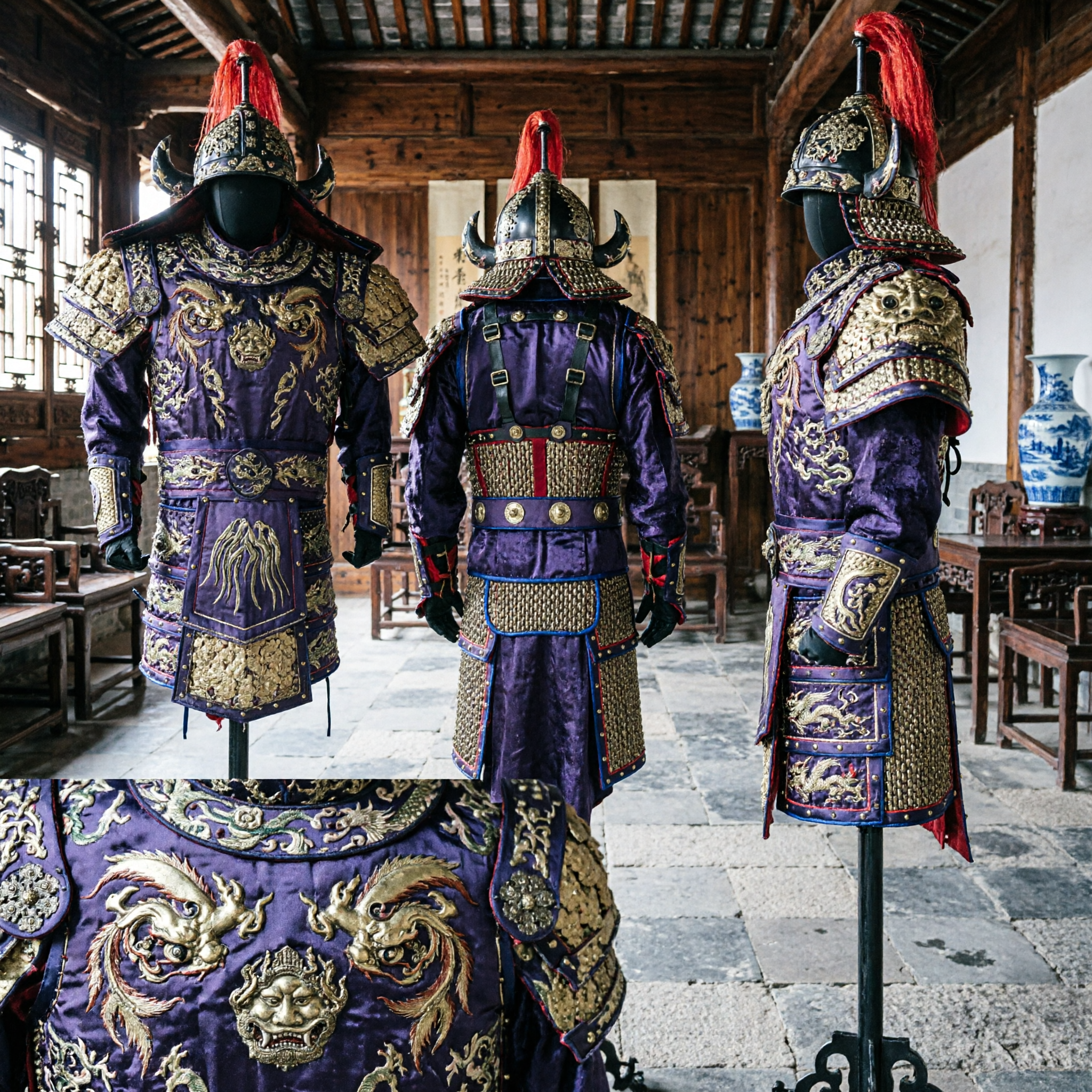Traditional Chinese Ming Dynasty General Armor Costume with Golden Dragon Motif for Cosplay and Historical Reenactment Display
