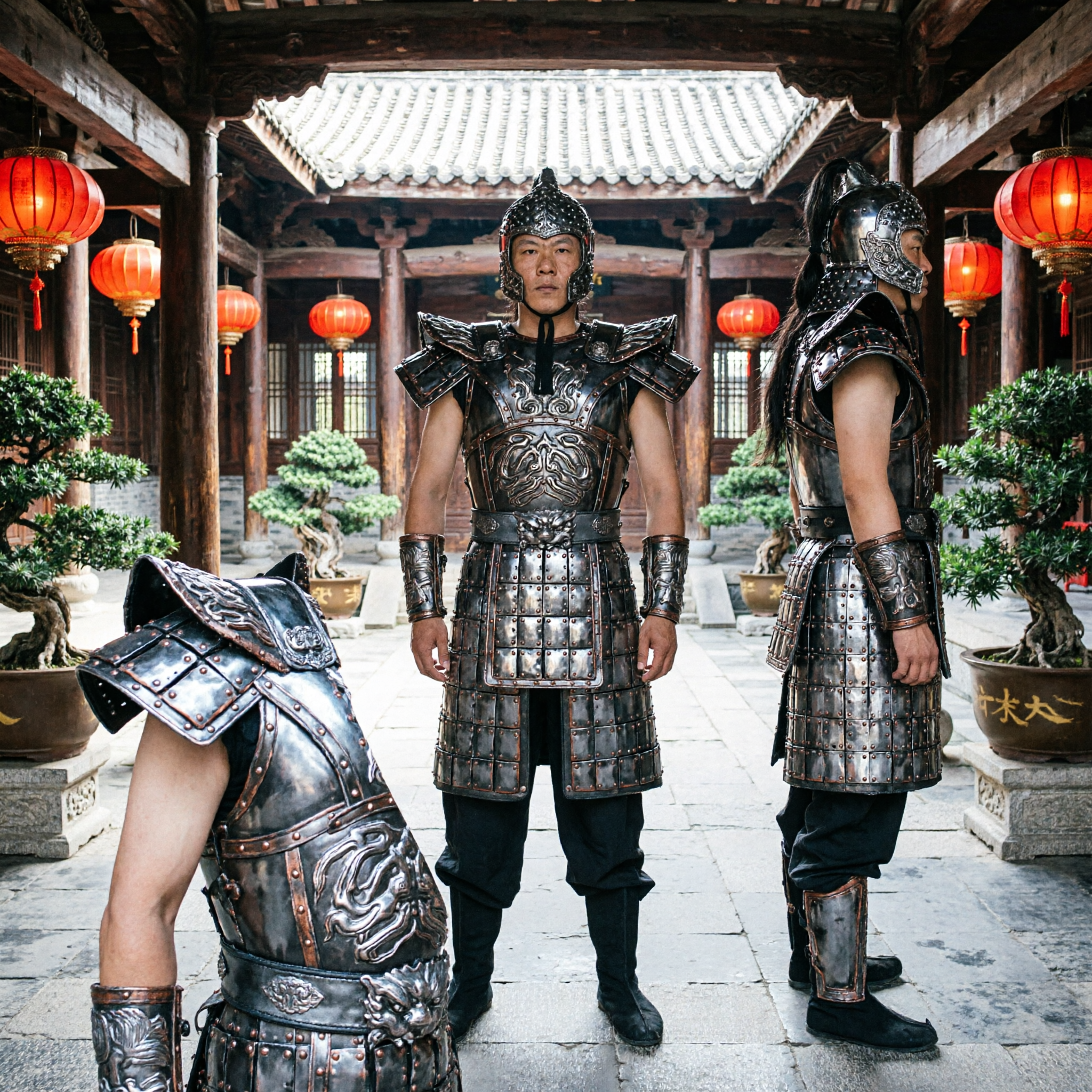 Ancient Chinese General Armor Costume Black Leather Warrior Suit for Men Cosplay Halloween LARP Performance
