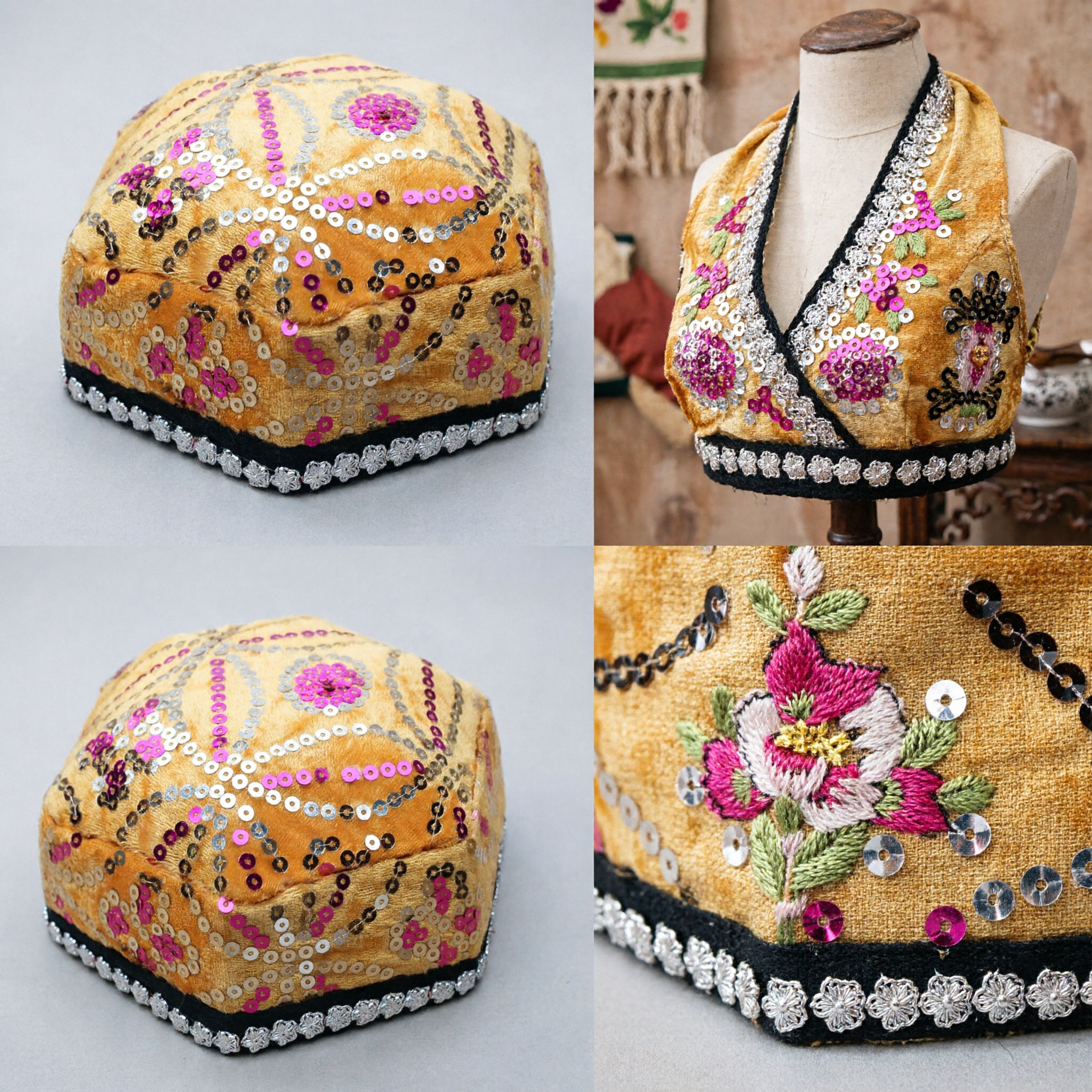 Yellow Velvet Sequined Skullcap Traditional Uyghur Xinjiang Ethnic Hat for Folk Dance and Cultural Performance