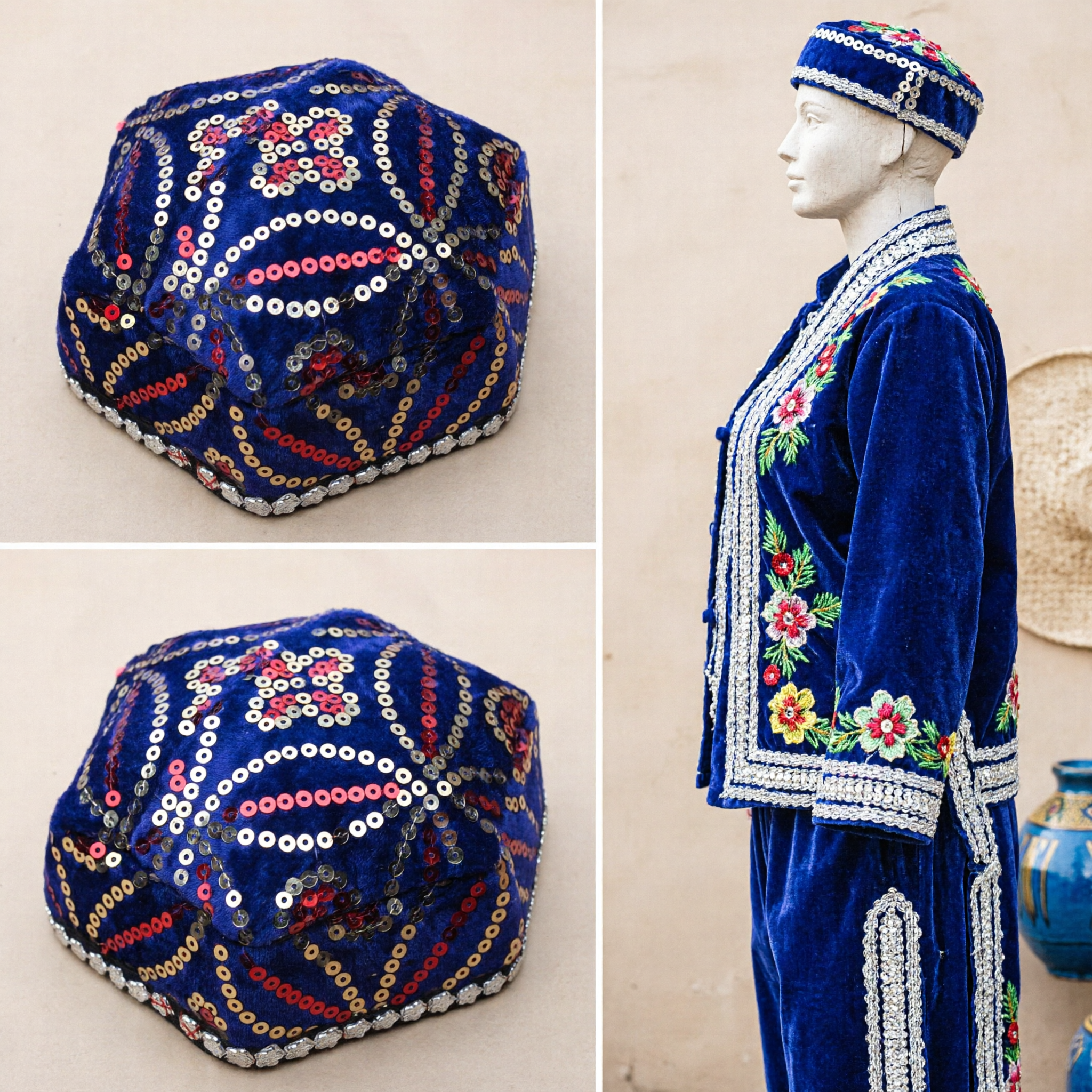 Traditional Chinese Ethnic Minority Blue Velvet Sequin Embroidered Doppa Hat for Men Boys Folk Dance Costume