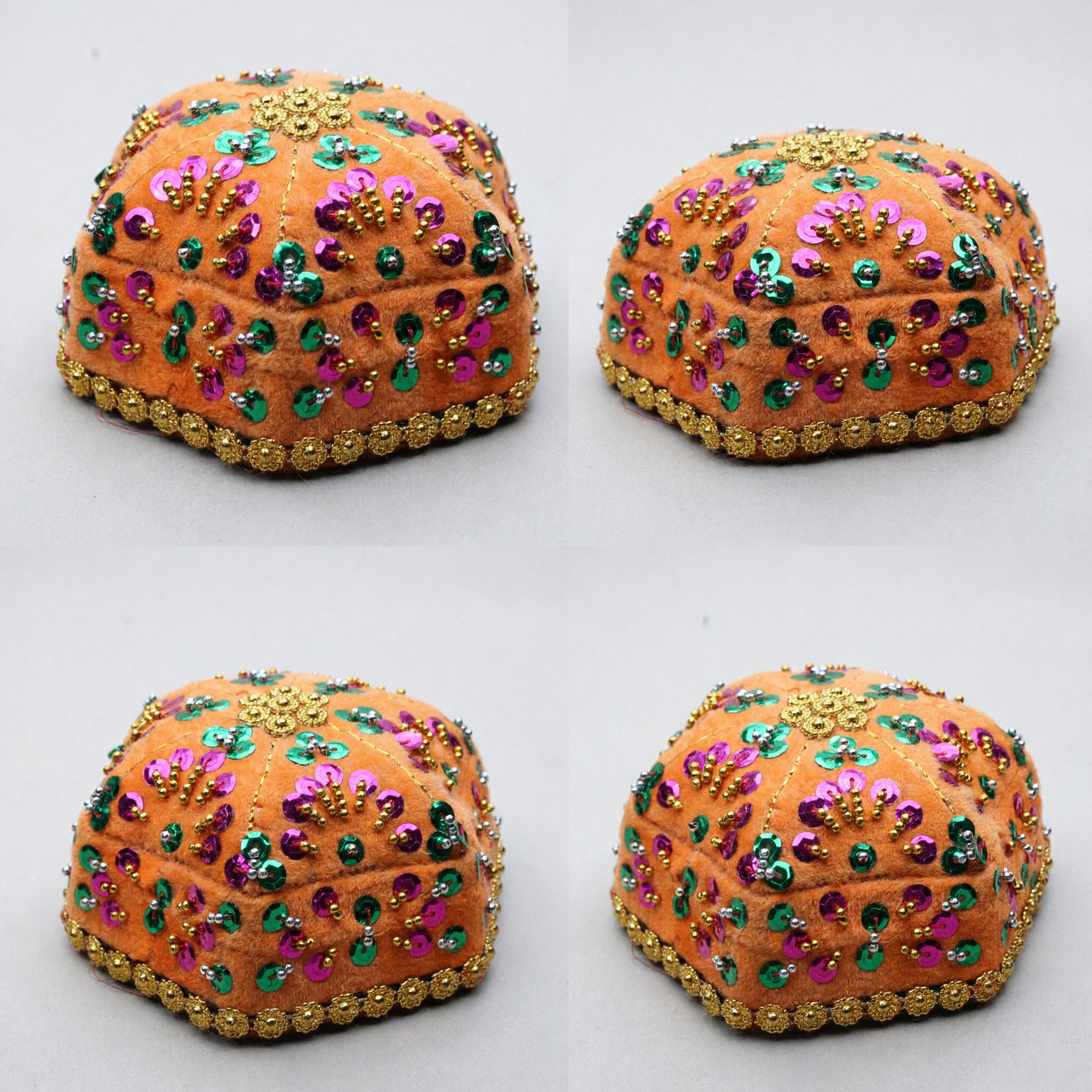 Traditional Orange Velvet Embroidered Doppa Cap with Sequins for Folk Dance Performance Costume