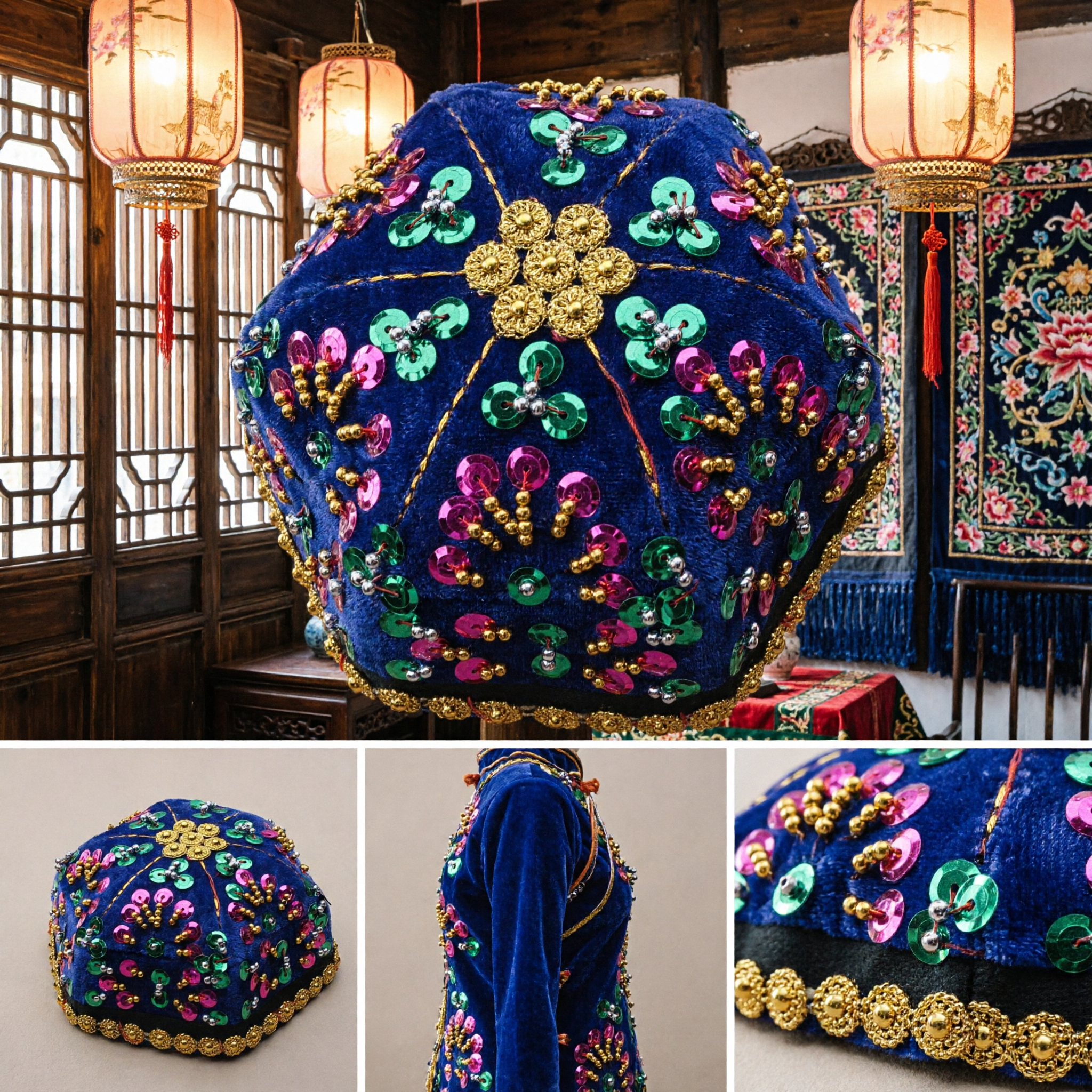 Traditional Chinese Blue Velvet Skullcap Embroidered with Colorful Sequins and Gold Beads for Folk Dance