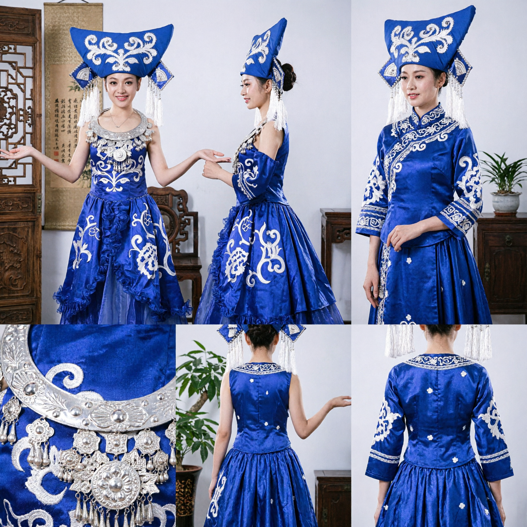 Chinese Traditional Blue Miao Ethnic Costume Women's Folk Dance Stage Performance Dress with Ornate Embroidered Headdress