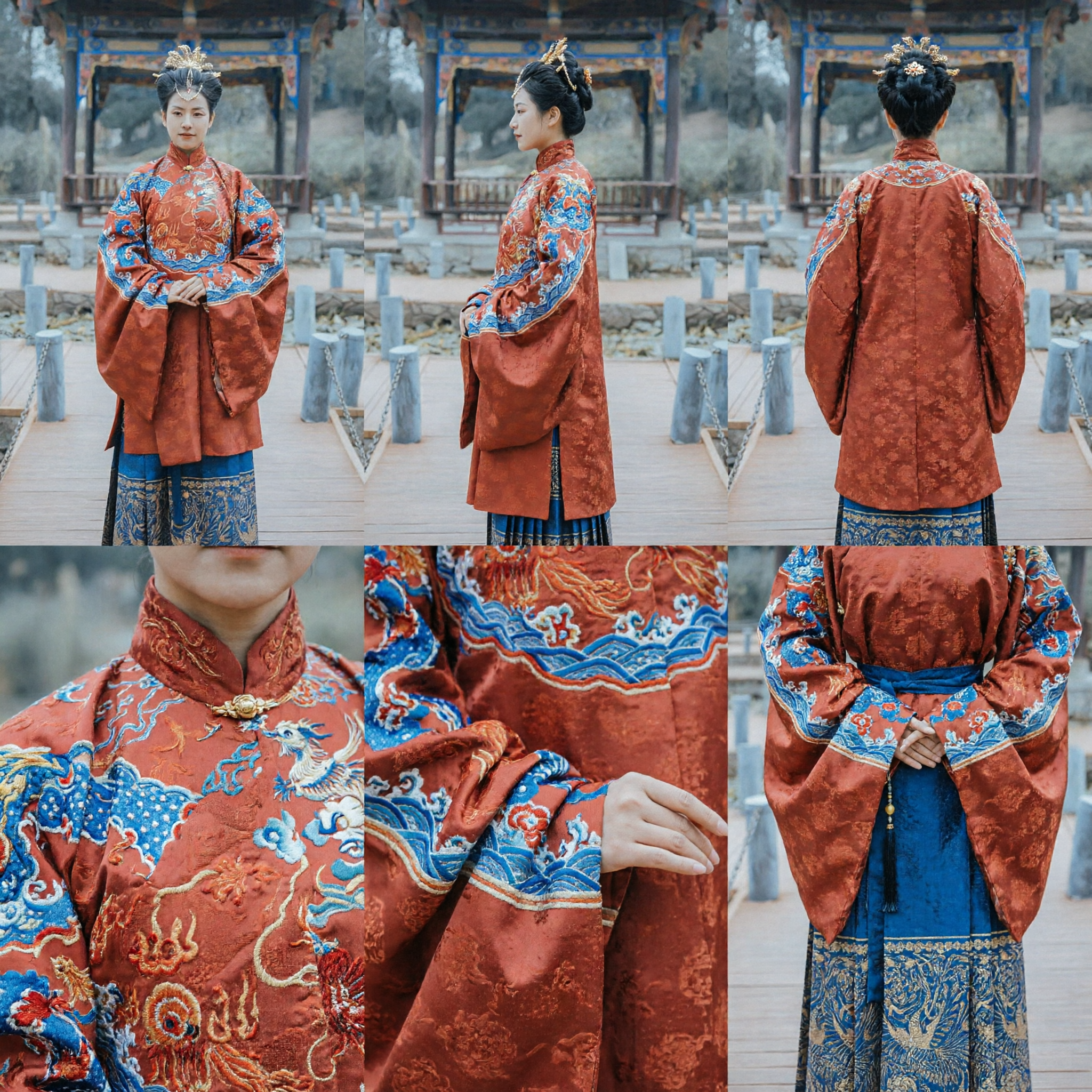 Traditional Chinese Ming Dynasty Hanfu Red Embroidered Jacket and Blue Horse Face Skirt Ancient Costume for Women