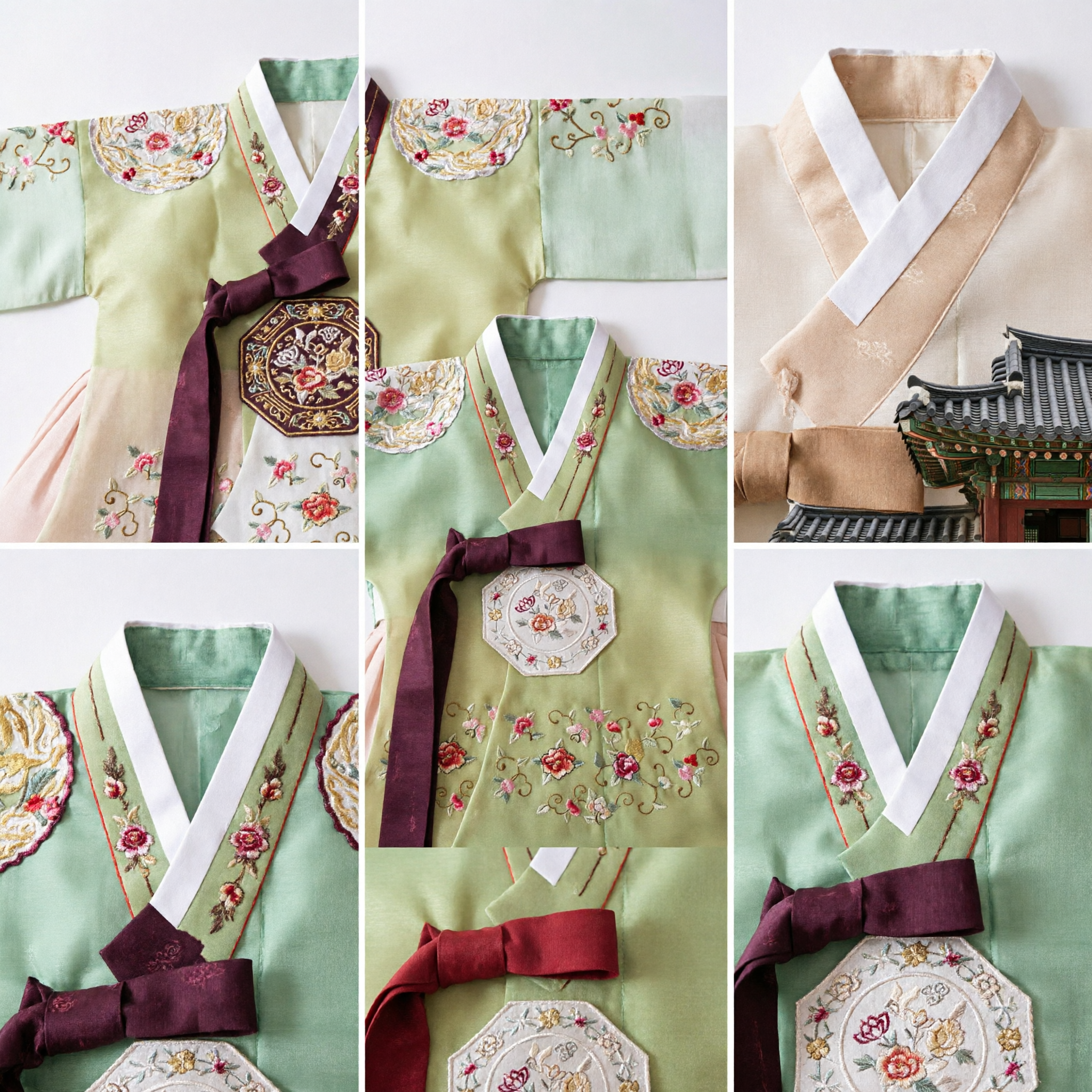Traditional Korean Hanbok Jeogori Top Light Green Embroidered Blouse with Red Ribbon for Kids and Women
