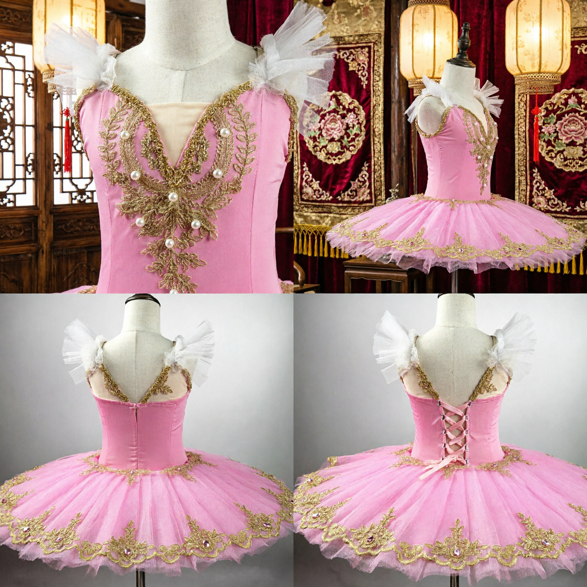 Pink Classical Ballet Tutu Dress for Girls with Gold Embroidery and Pearls for Dance Performance