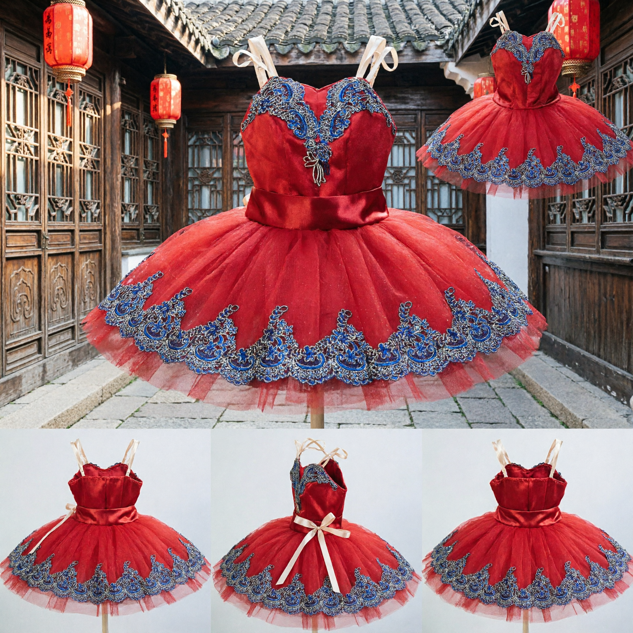 Professional Red Classical Ballet Tutu with Blue Embroidery Stage Performance Costume for Girls and Women