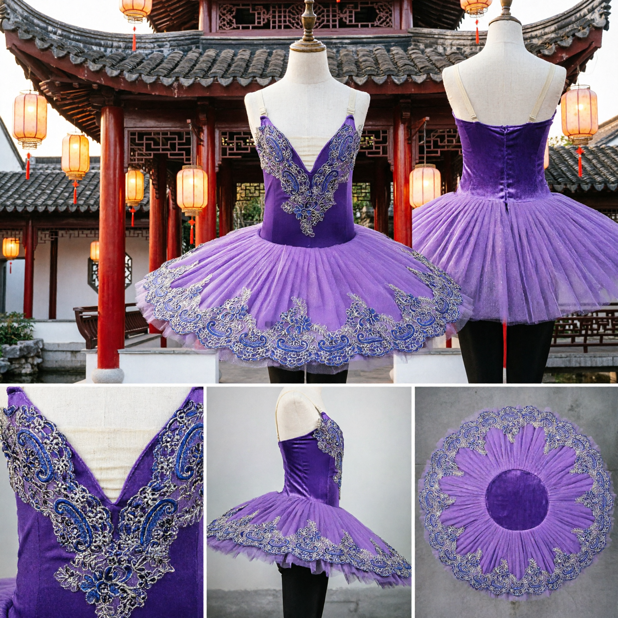 Elegant Purple Pancake Ballet Tutu Dress with Intricate Blue Silver Sequin Embroidery for Professional Stage Performances