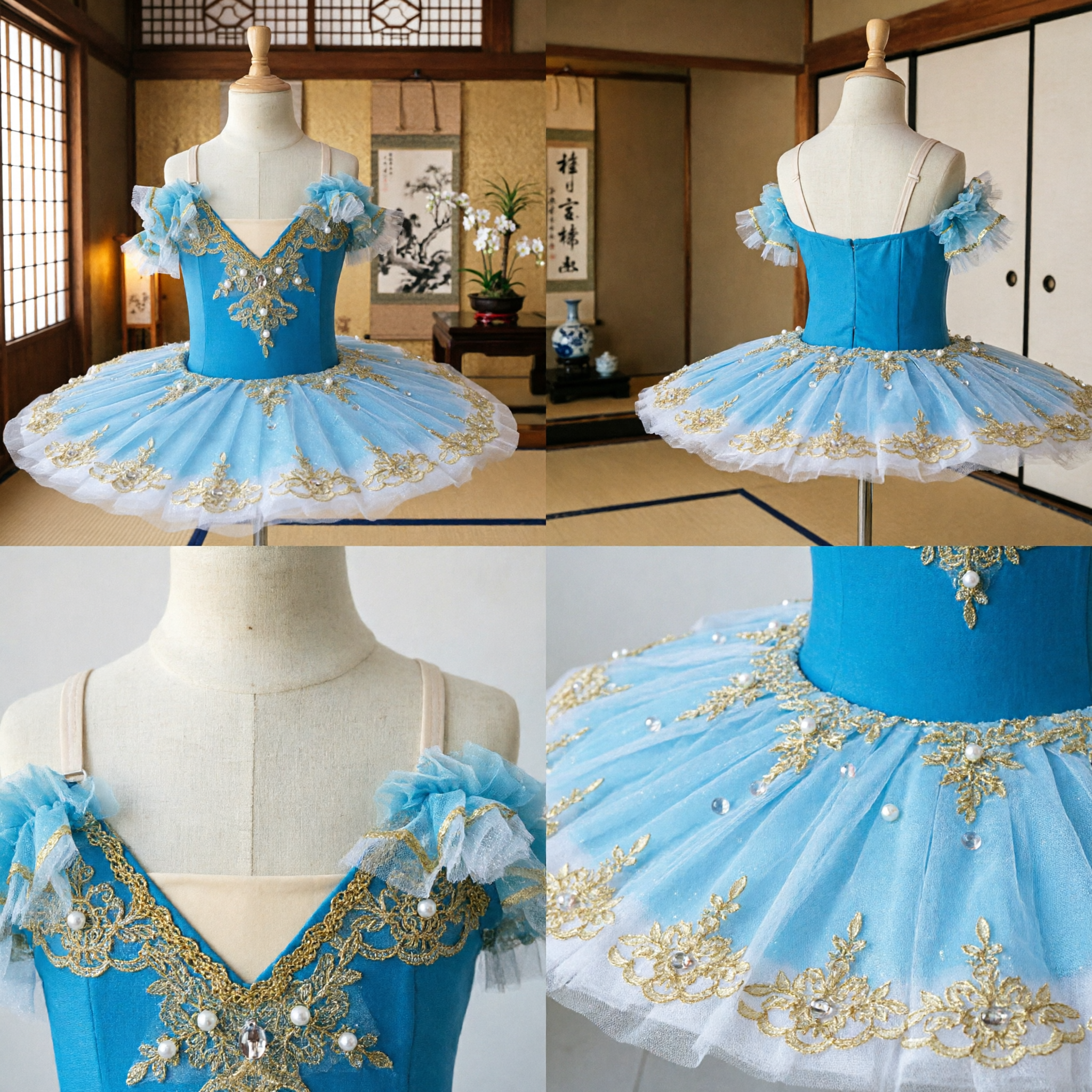 Professional Light Blue Classical Ballet Tutu Dress with Gold Embroidery for Stage Dance Performance