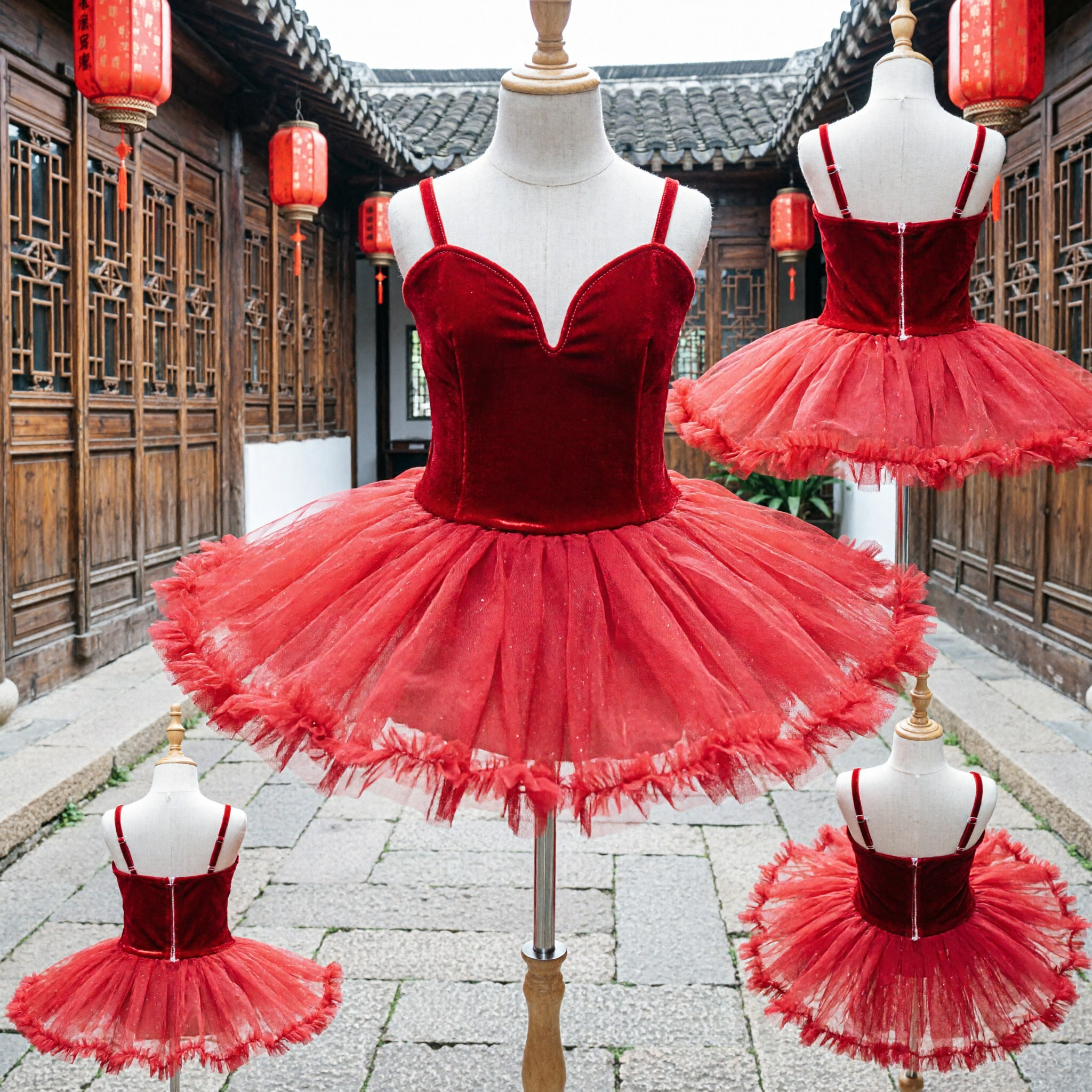 Professional Red Ballet Tutu Dress Velvet Bodice Tulle Skirt Dance Performance Costume for Girls