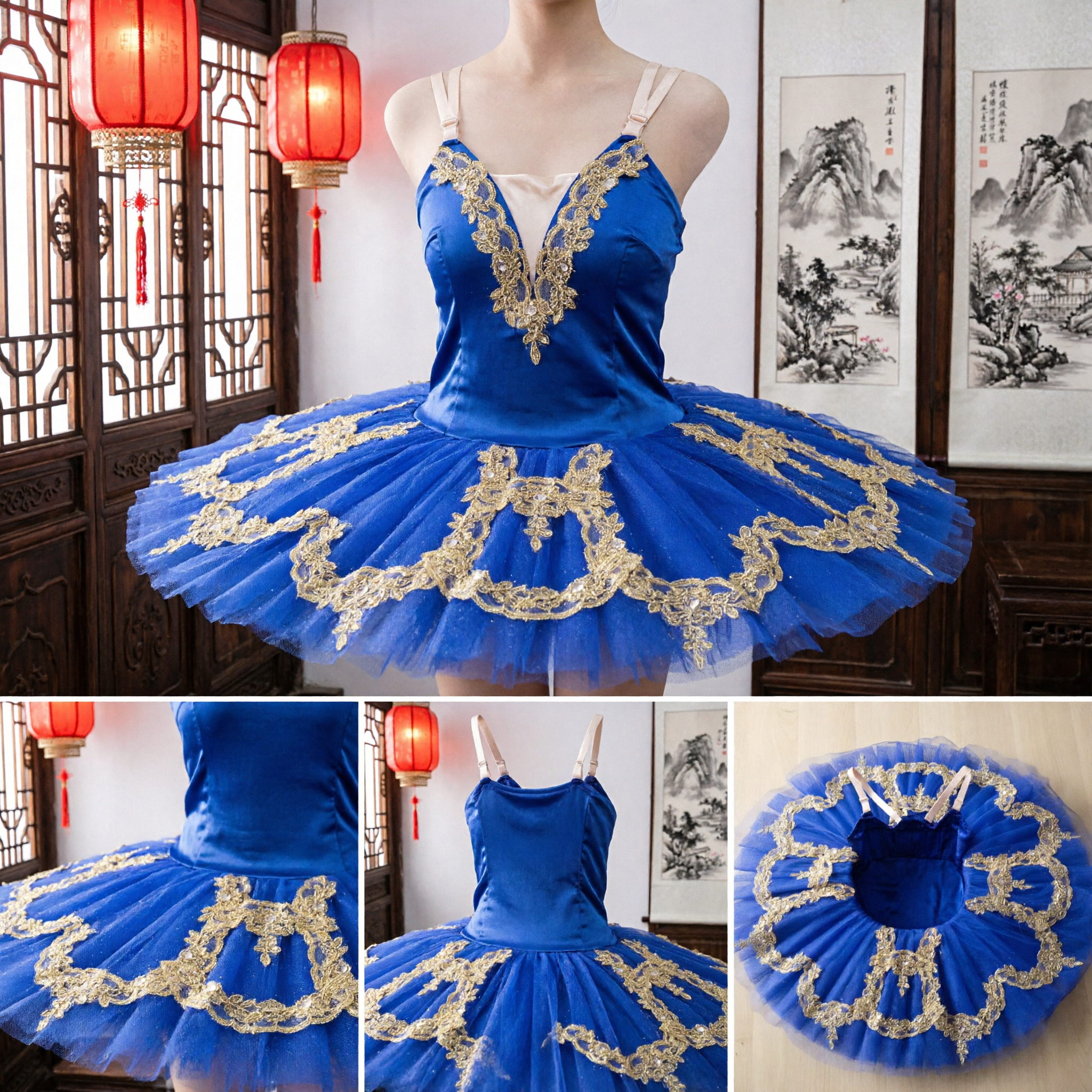 Royal Blue Classical Ballet Tutu Dress with Gold Embroidery for Stage Performance Dance Recital Costume