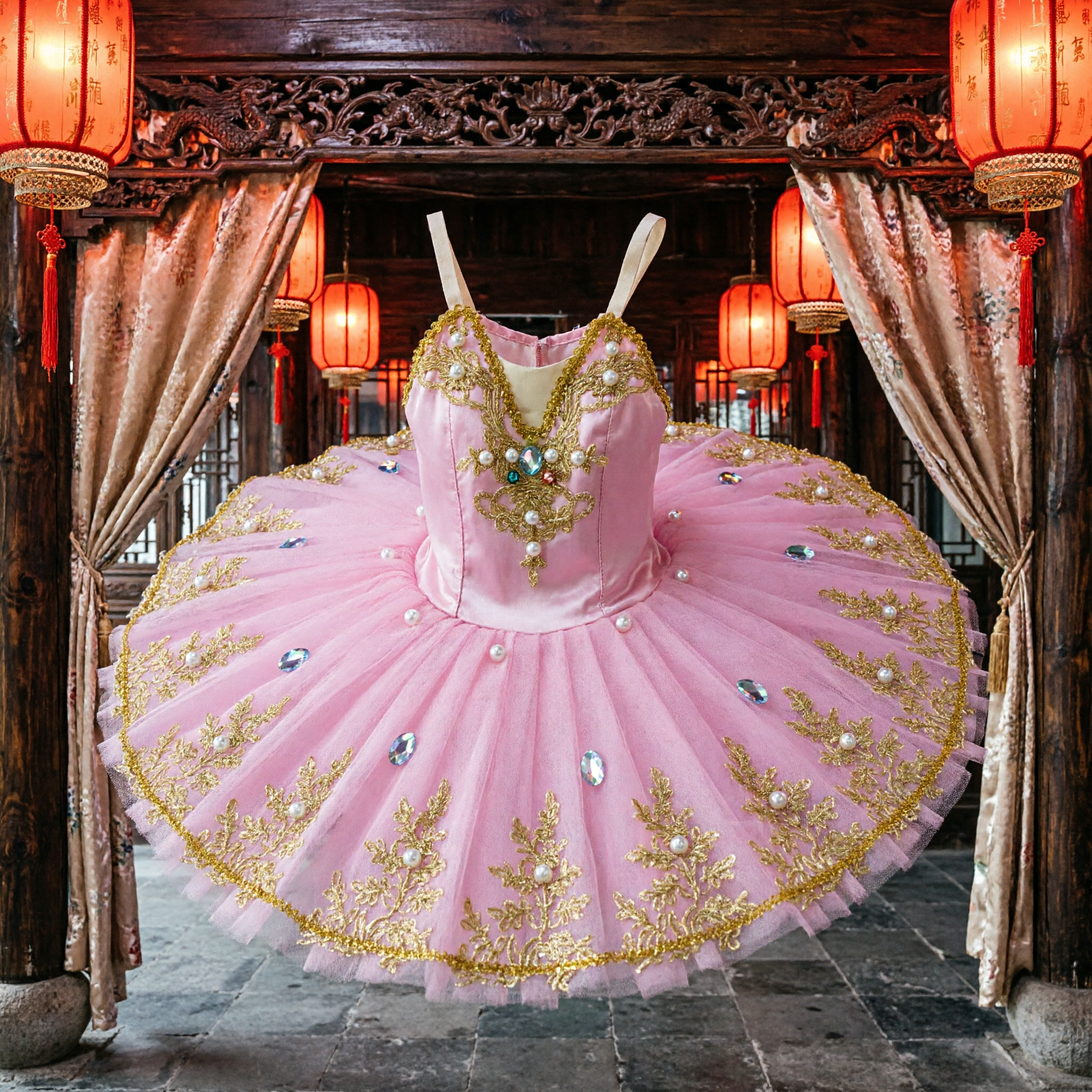Pink Classical Ballet Tutu Dress for Girls with Gold Embroidery and Pearls for Stage Performance