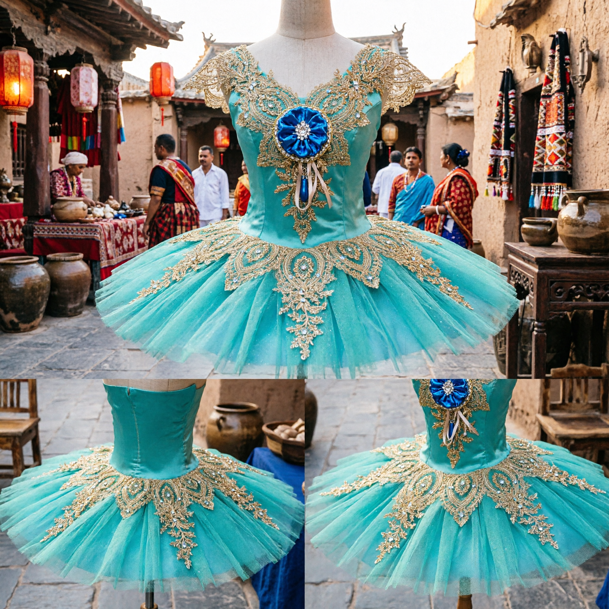 Professional Classical Ballet Tutu Dress Teal Blue Gold Embroidery Rhinestone Stage Performance Costume for Girls