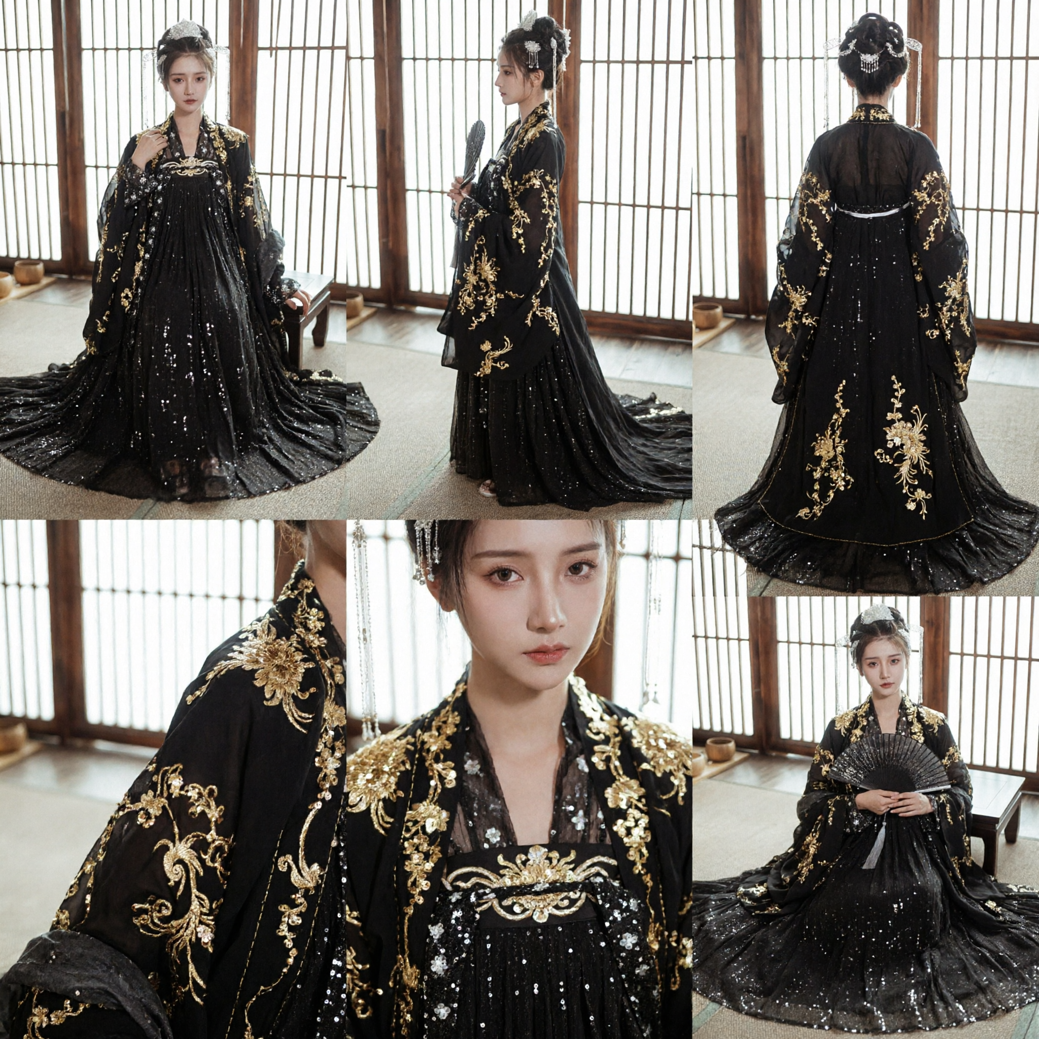 Sparkling Black Traditional Chinese Hanfu Dress Gold Embroidery Palace Style Ancient Costume for Women