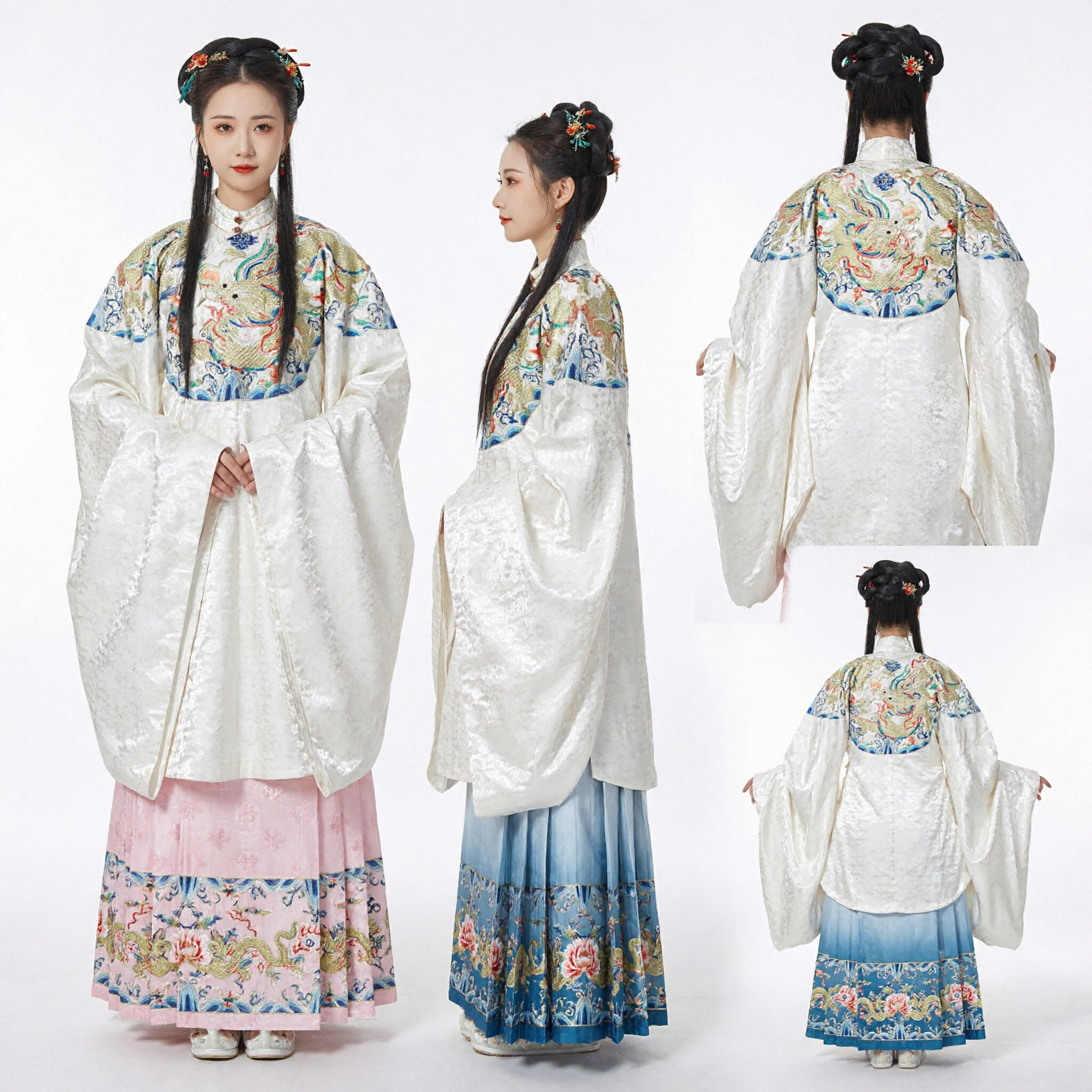 Traditional Chinese Ming Dynasty Hanfu Costume White Pifeng Cape Pink Embroidered Skirt Set for Women