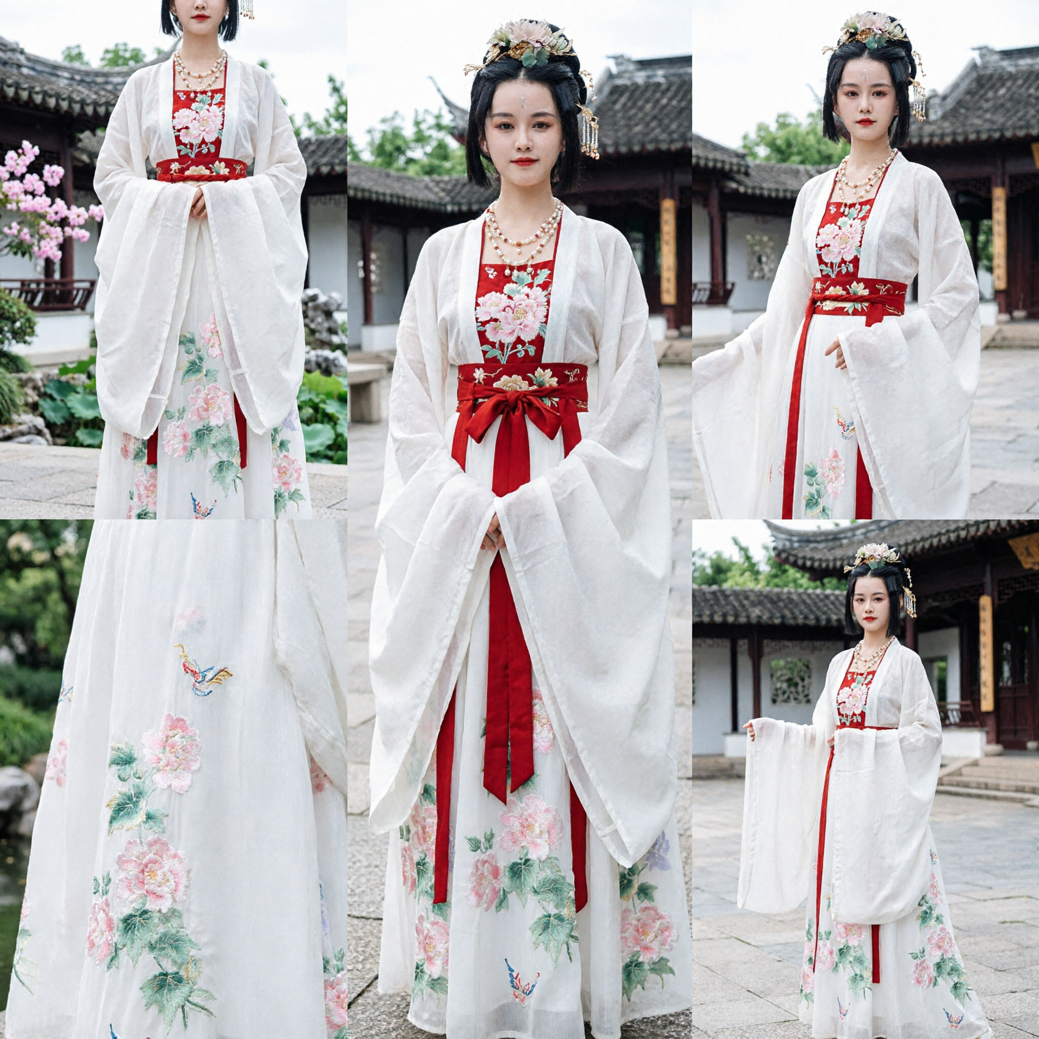 Traditional Chinese Hanfu Tang Dynasty Style White Wide Sleeve Dress with Floral Embroidery Ancient Costume for Women