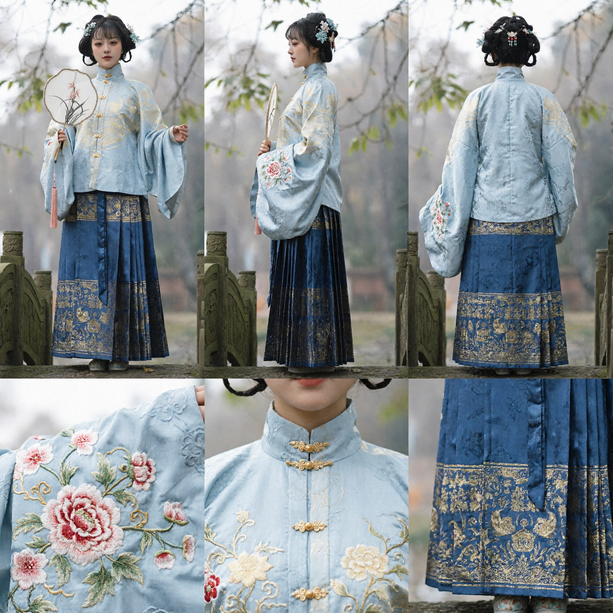 Elegant Traditional Chinese Hanfu Ming Dynasty Style Blue Embroidered Top and Skirt Set for Women